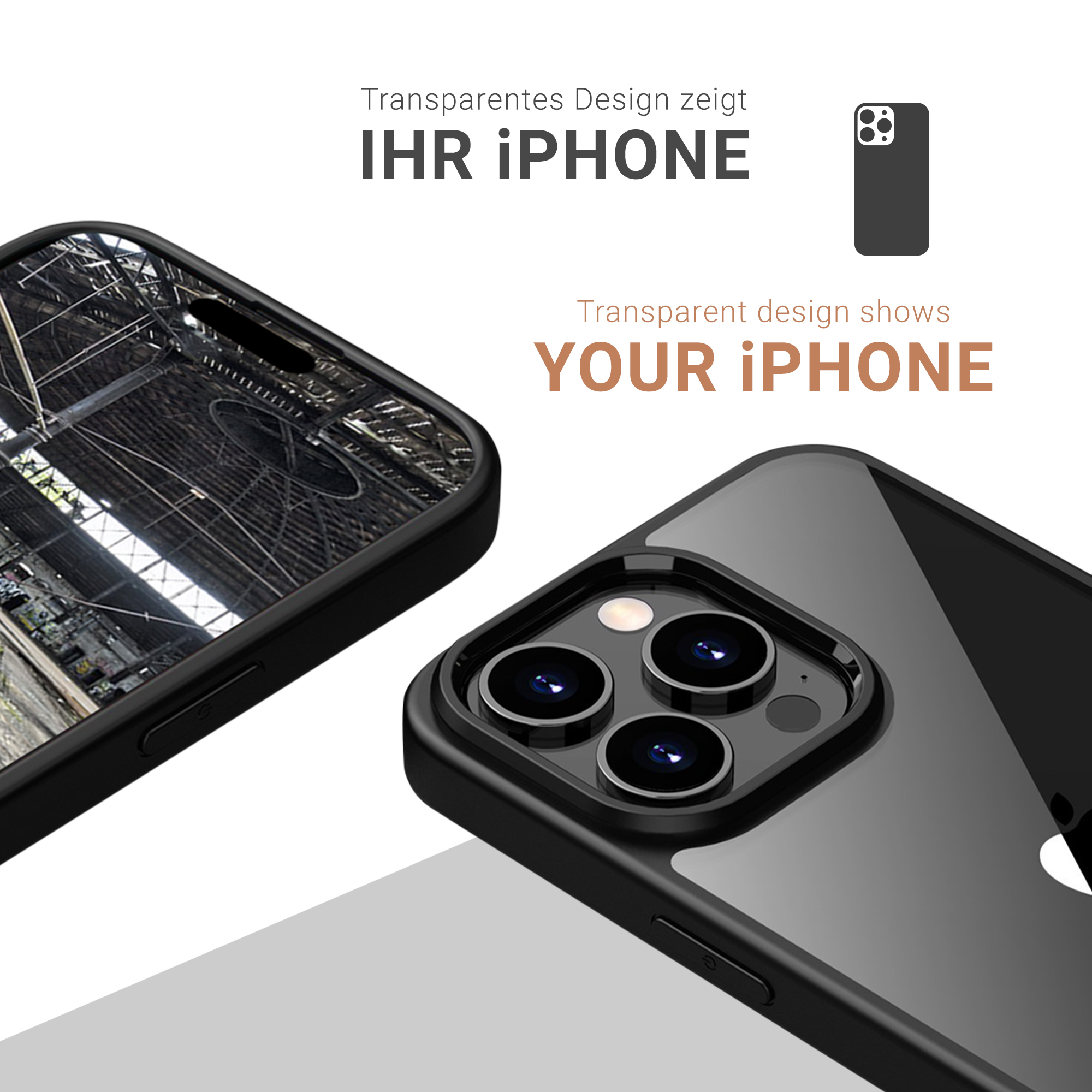Une coque de téléphone transparente avec un iPhone à l'intérieur. La coque a un cadre noir.