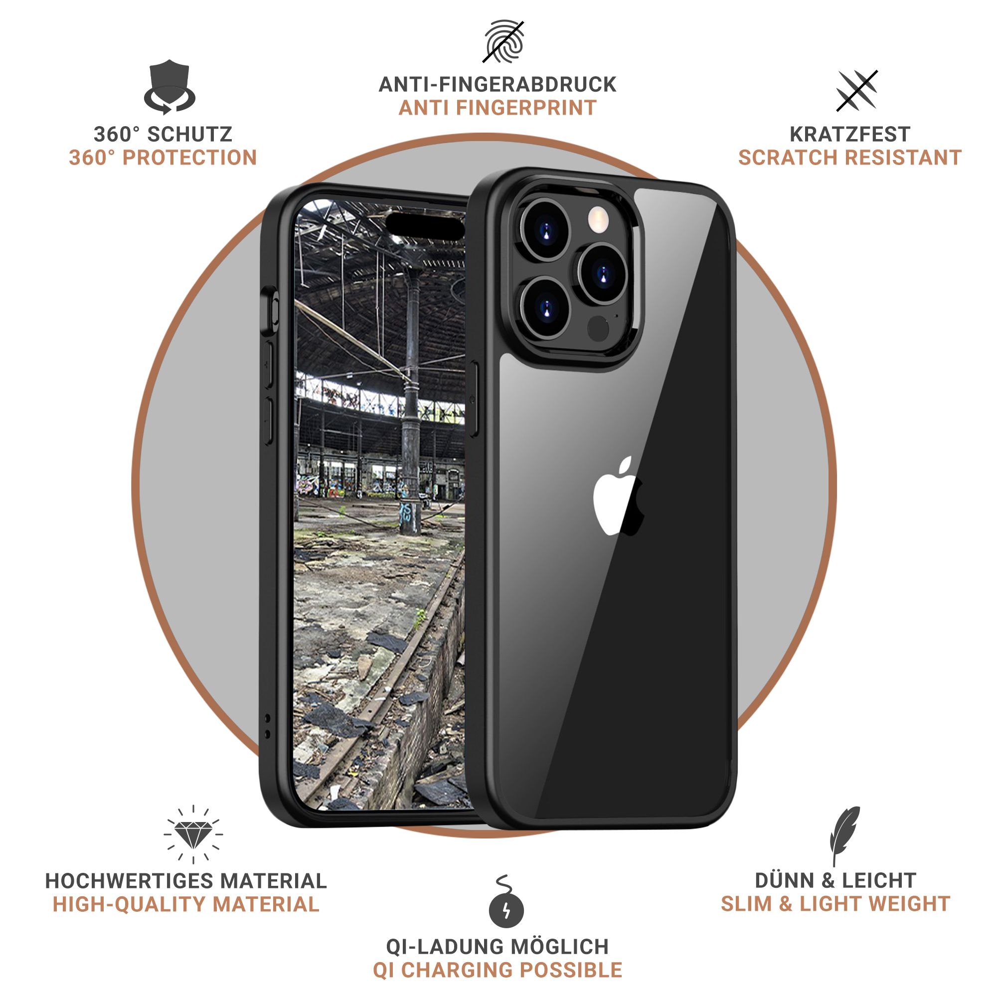 Coque de téléphone noire avec un téléphone visible à l'intérieur. Texte sur la protection et les fonctionnalités.