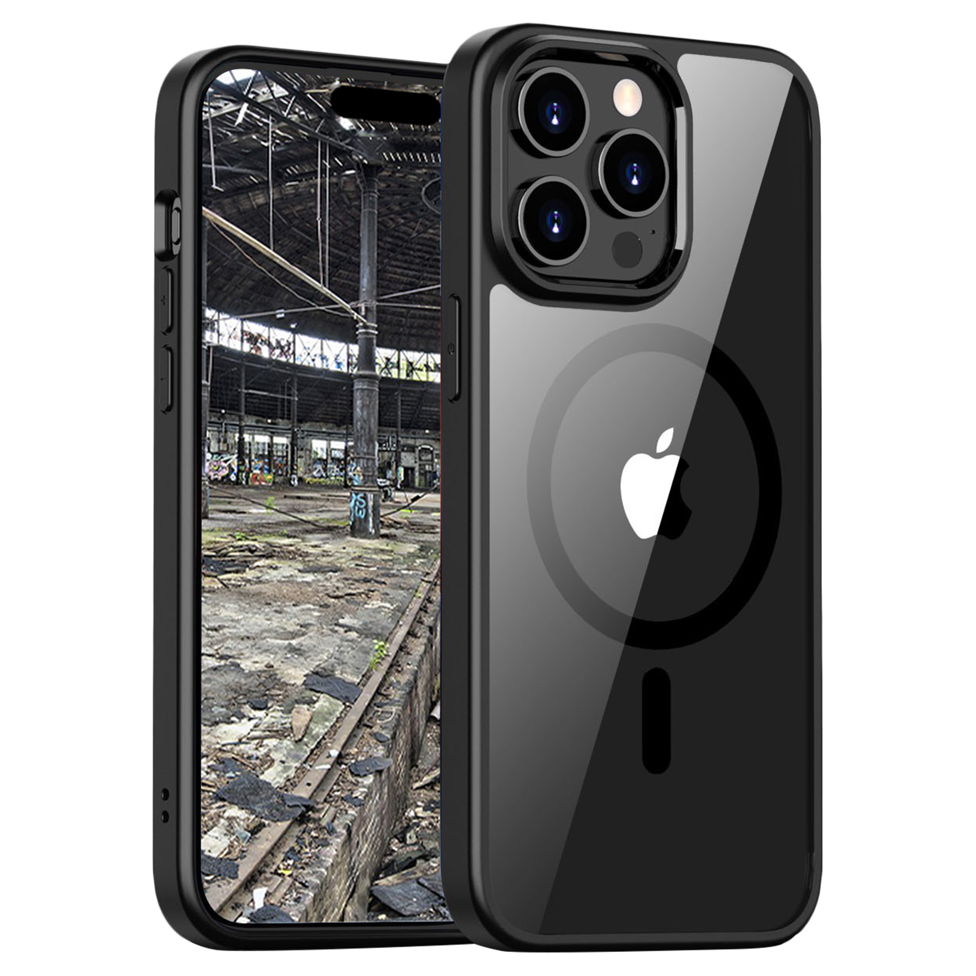 Eine schwarze iPhone-Hülle mit durchsichtigem Rücken, die ein Gebäudeinnere zeigt.