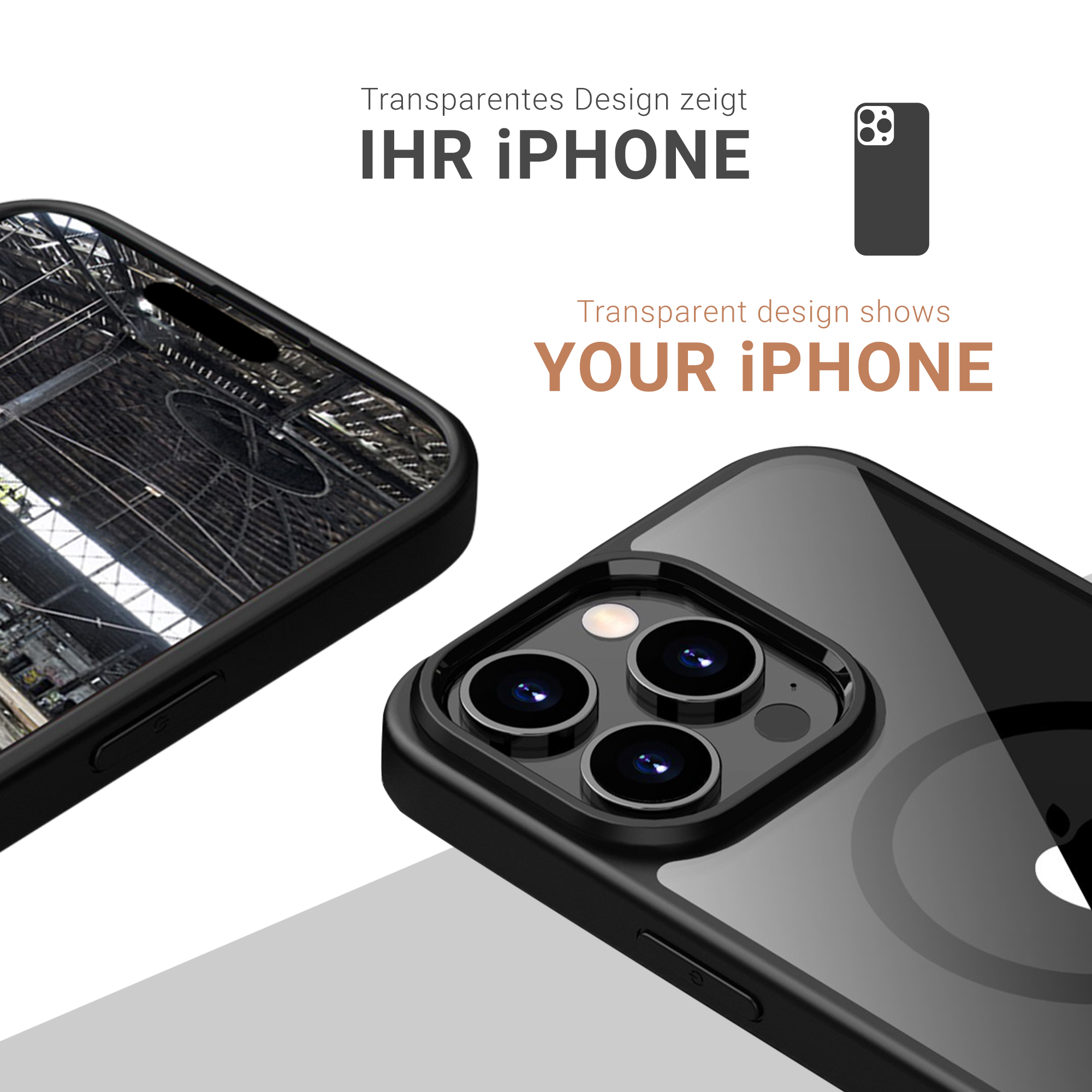 Nahaufnahme einer Handyhülle, die das Telefon im Inneren zeigt. Die Hülle ist schwarz und transparent.