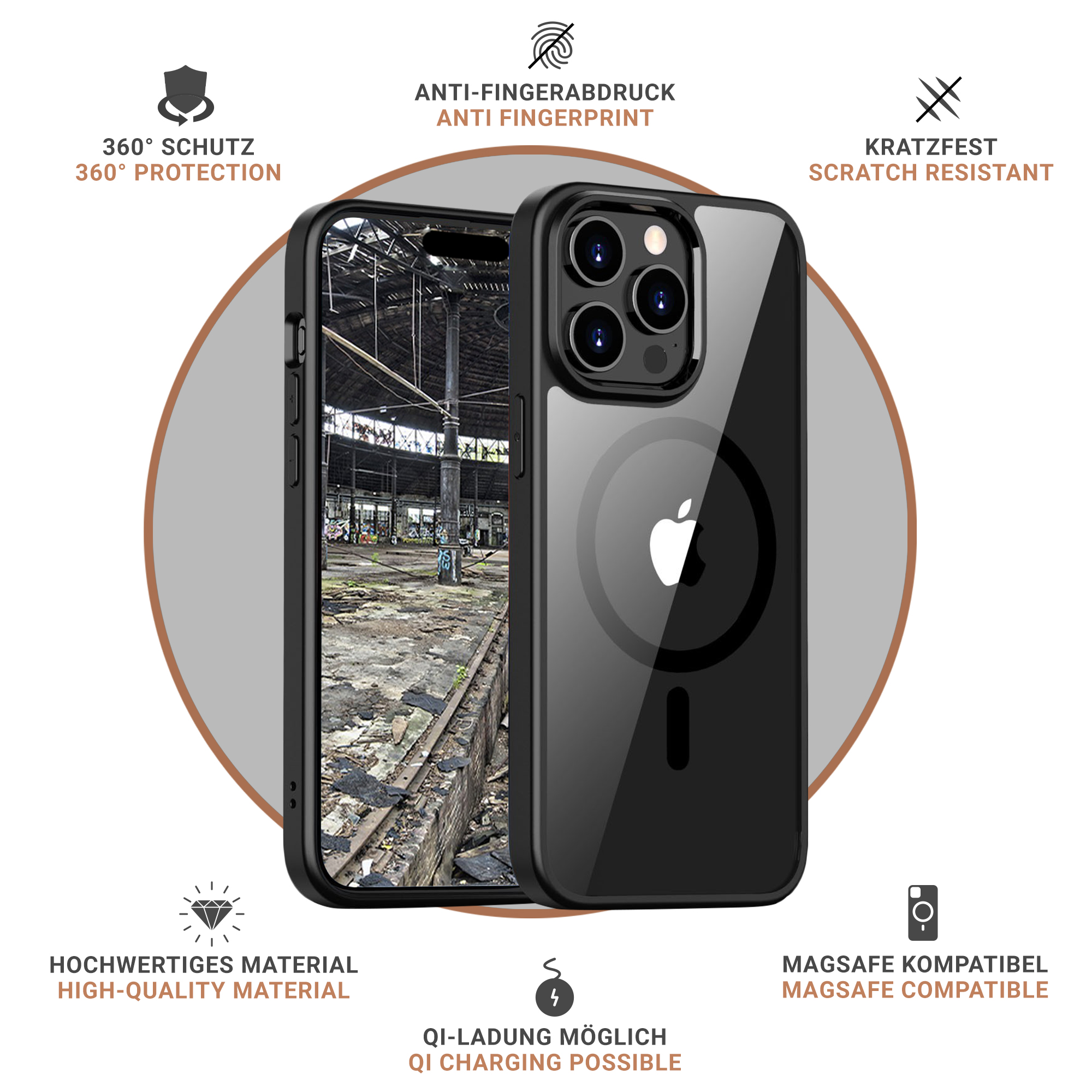 Schwarze Handyhülle mit Kameraausschnitten und weißem Apple-Logo. Details zum Schutz werden angezeigt.