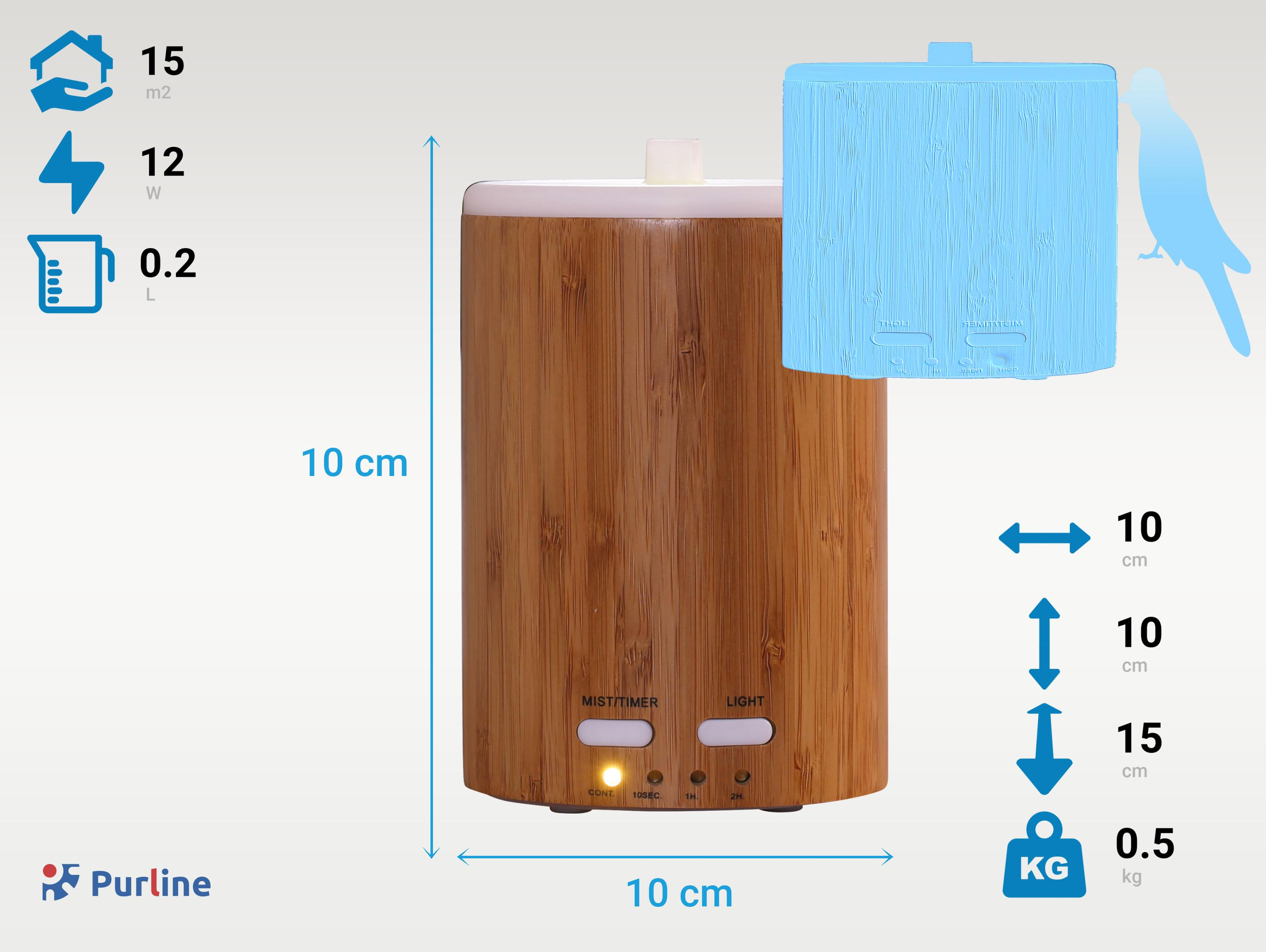 12W PURLINE mit Raumgröße: Bambus-Ultraschall-Aroma-Diffusor Aroma Watt, 15 Diffuser Braun m²) LED-Lichtwähler (12