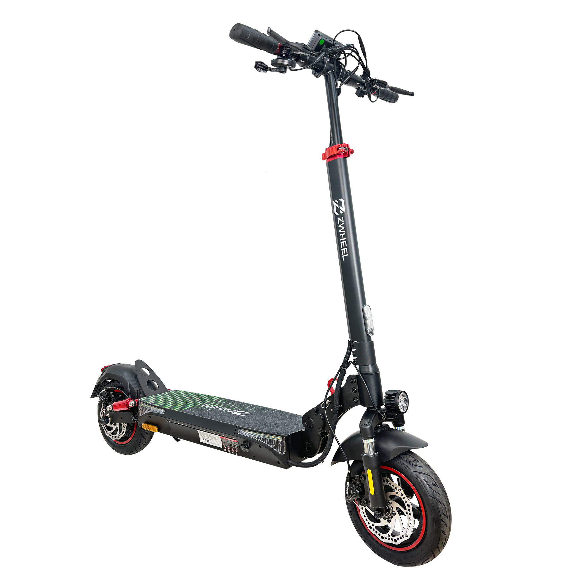 Scooter eléctrico negro y rojo con marca ZWHEEL, sobre fondo blanco.