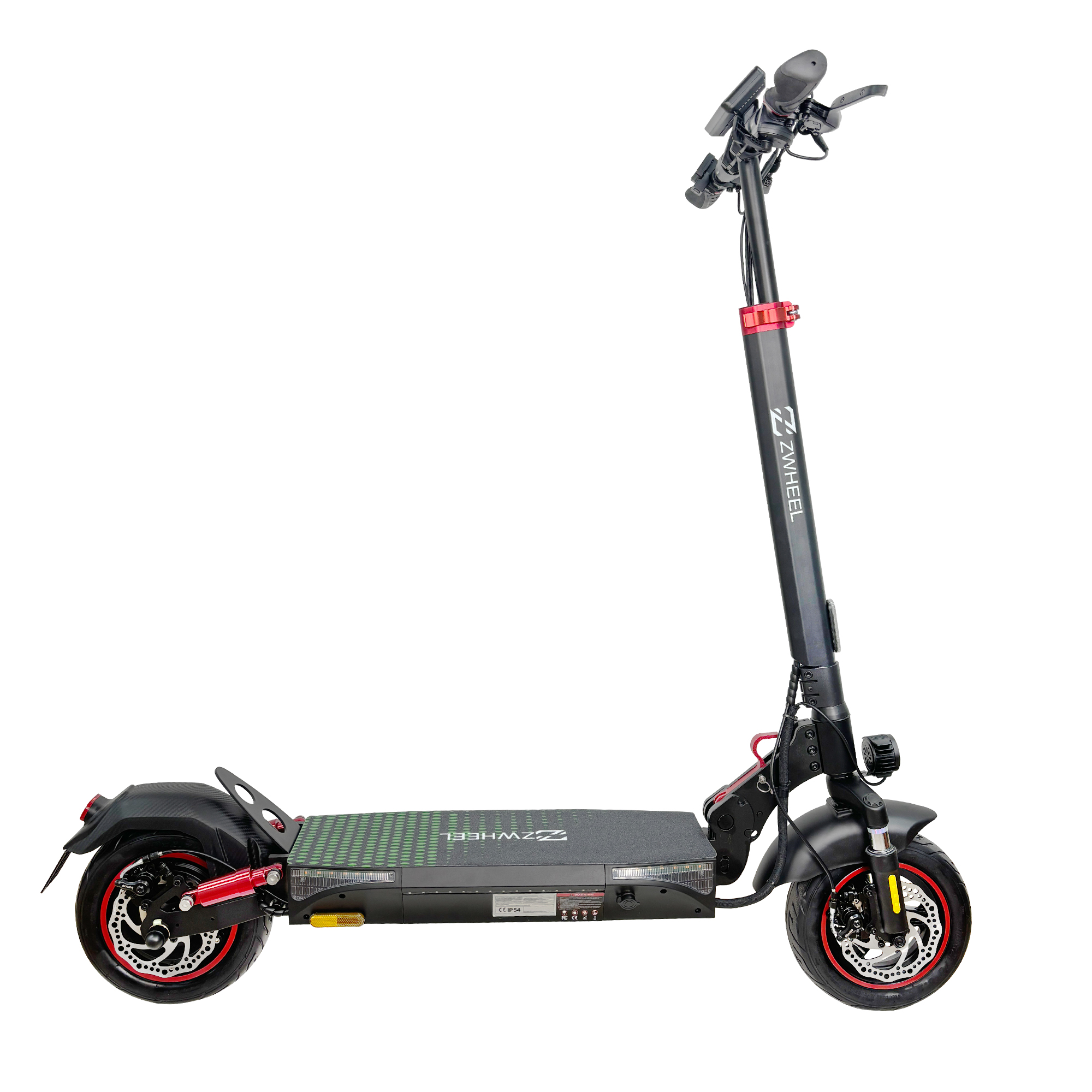 Un patinete eléctrico Z WHEEL. Es negro y rojo, con diseño plegable y pantalla digital.