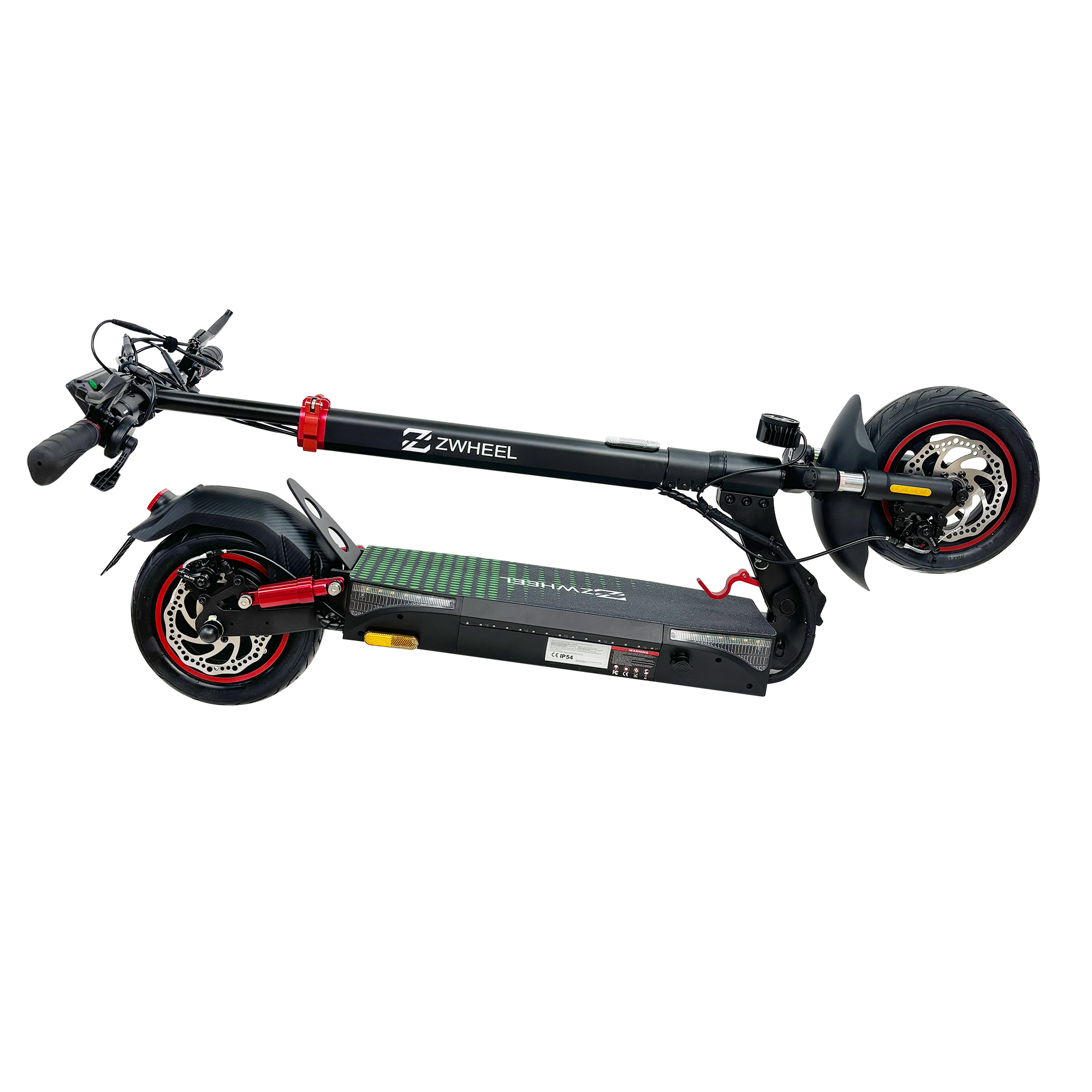 Un patinete eléctrico Zwheel se muestra en ángulo, mostrando el marco negro y los detalles rojos.
