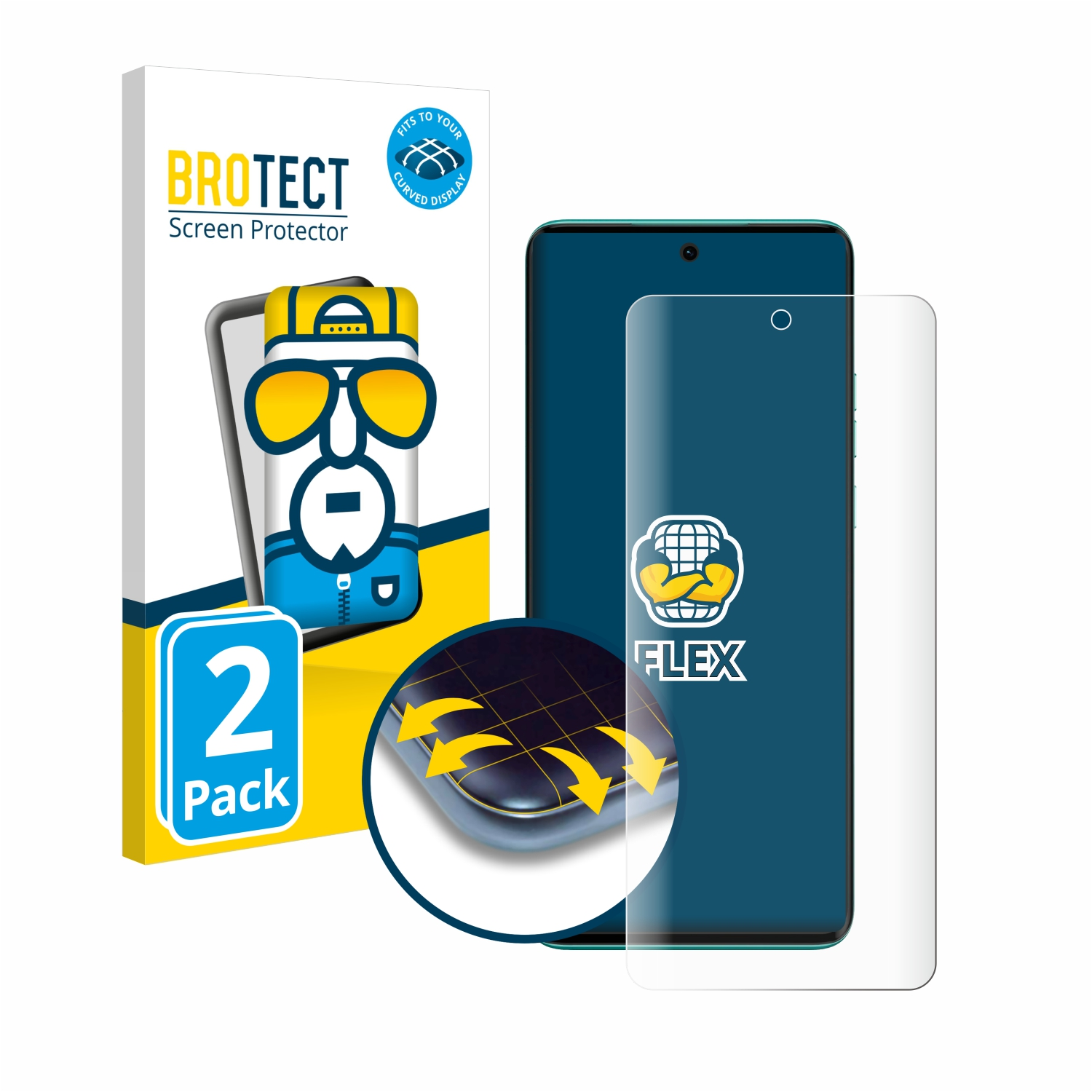 Displayschutzbox, Telefon und Displayschutzfolie. Box liest BROTECT, FLEX.