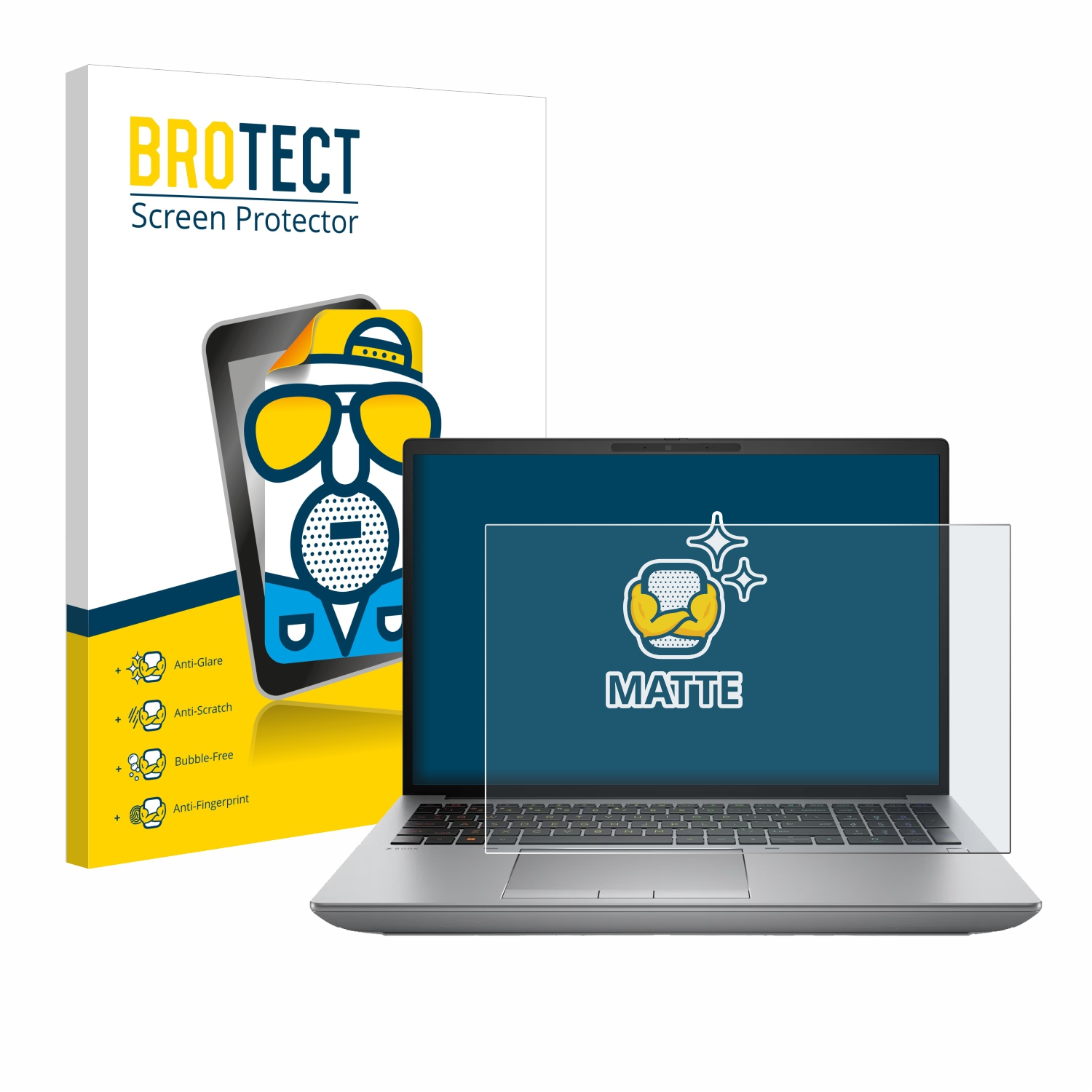 Laptop mit Displayschutzfolie und Verpackung. Der Schutz ist matt. Verpackung hat Anti-Glare- und Anti-Scratch-Details.
