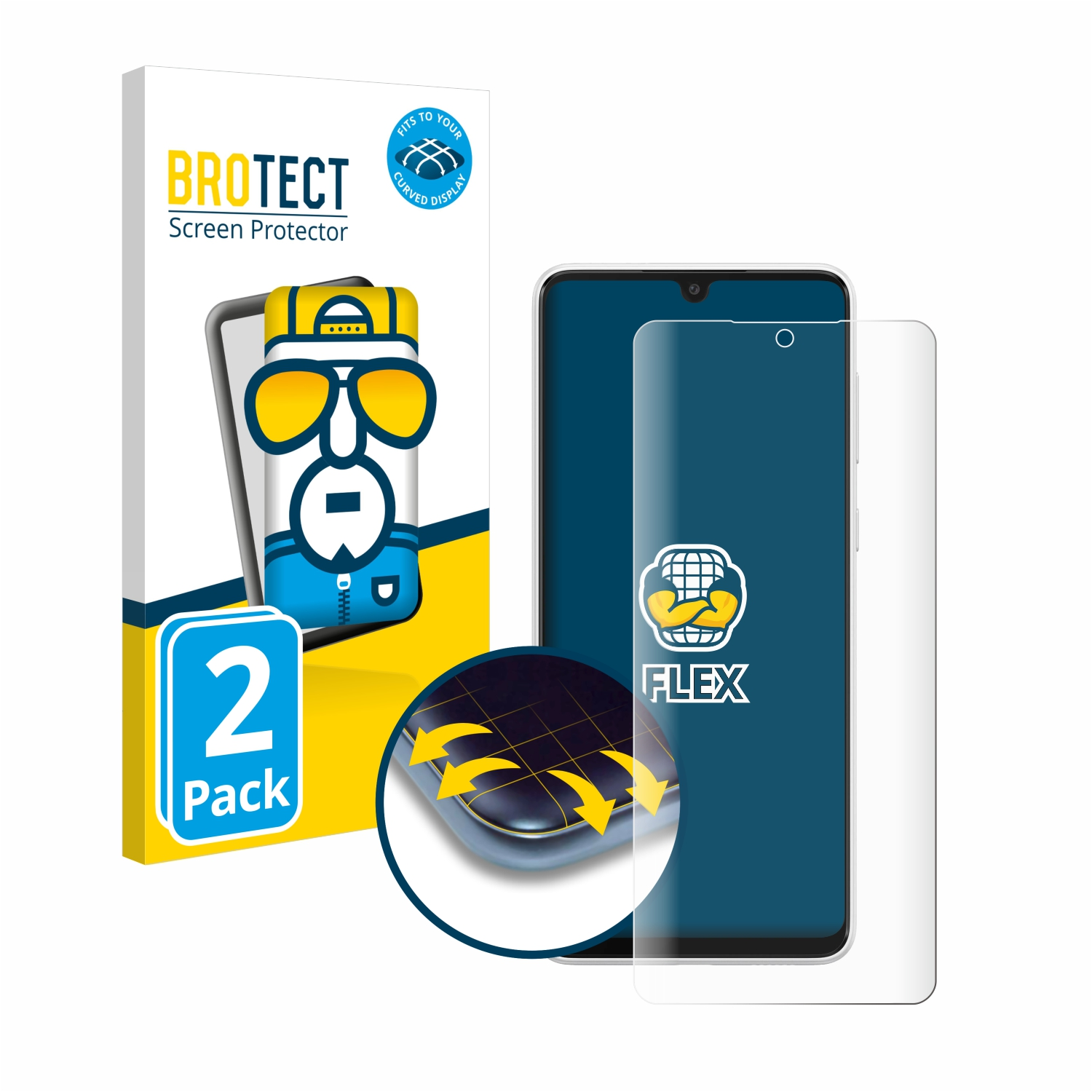 Verpackung für Displayschutzfolie mit Telefon und Schutz auf weißem Hintergrund.