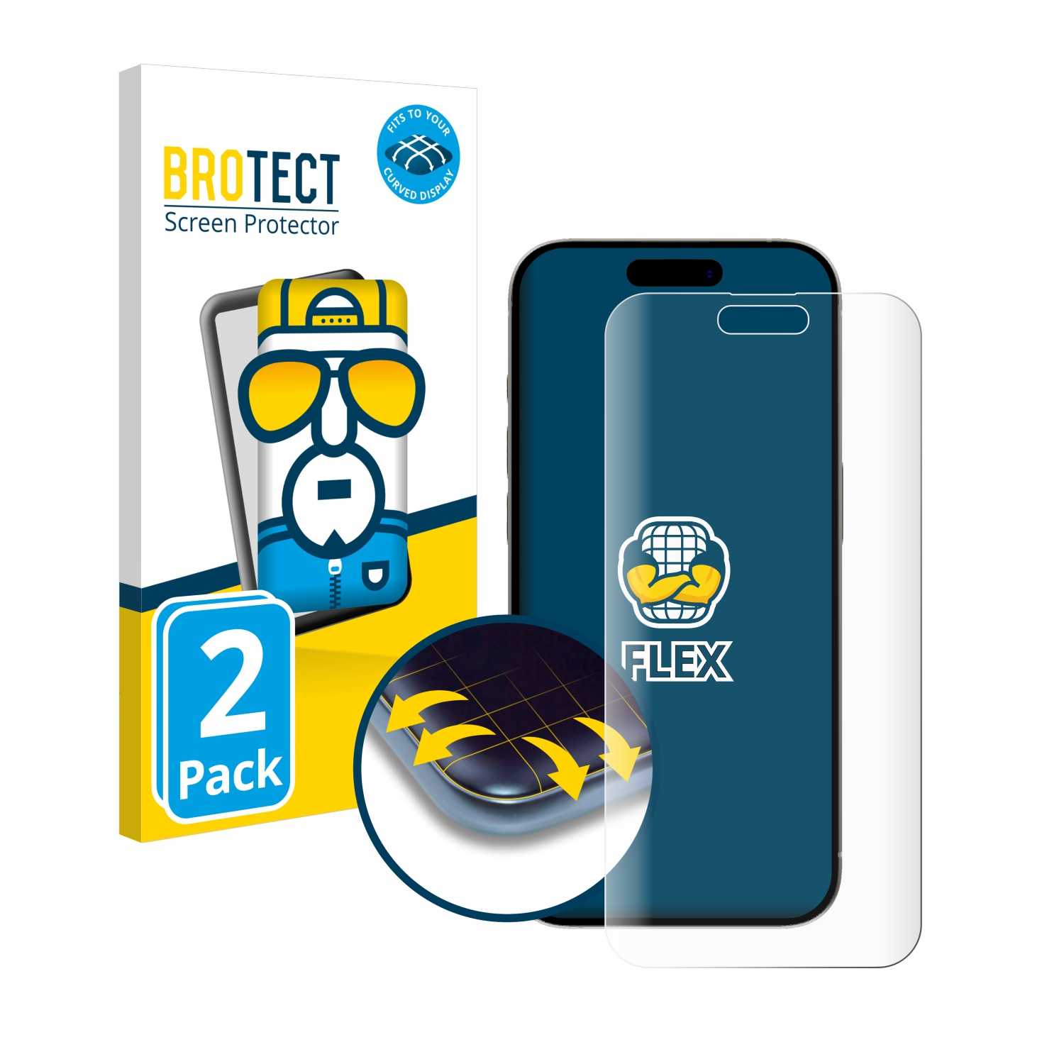 Ein Telefon mit Displayschutz und Box. Die Box trägt 'BROTECT' und hat einen Cartoon. Weißer Hintergrund.