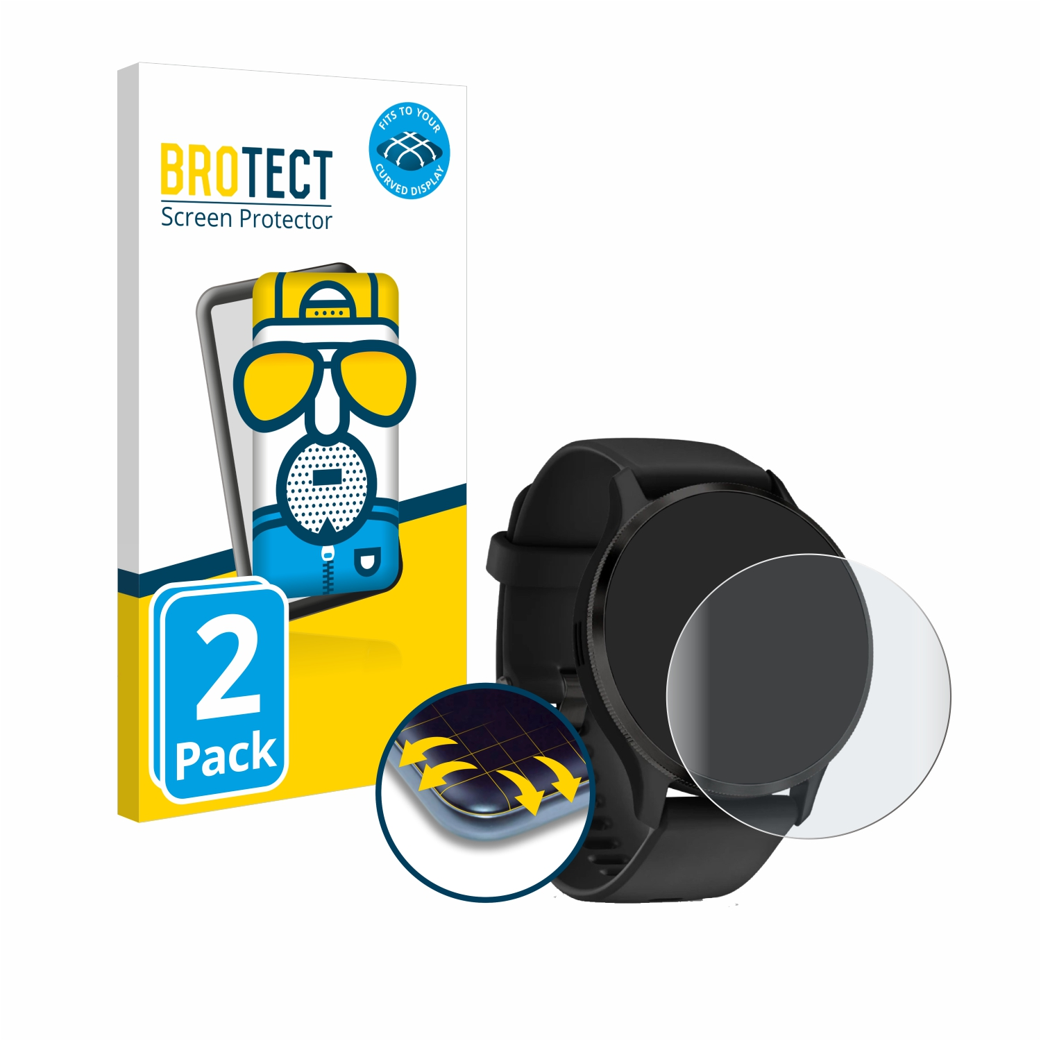 Eine Smartwatch und eine Displayschutzfolienverpackung. Die Uhr ist schwarz, die Packung zeigt eine Telefonillustration.