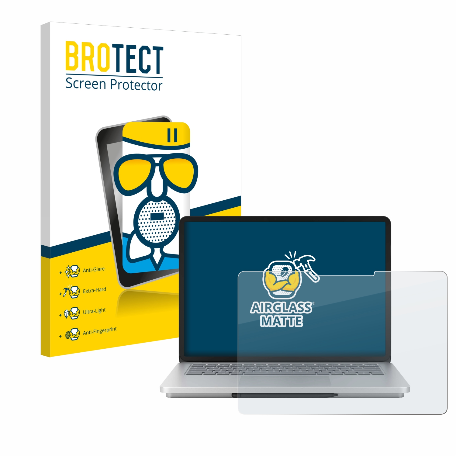 Laptop mit Displayschutzfolie und einer Box. Die Box zeigt einen Cartoon und die Worte 'BROTECT Screen Protector'.