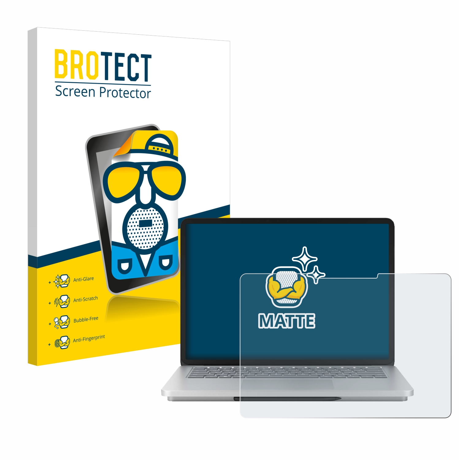 Laptop mit Displayschutzfolie und Verpackung. Der Schutz ist matt. Verpackung hat Anti-Glare- und Anti-Scratch-Details.