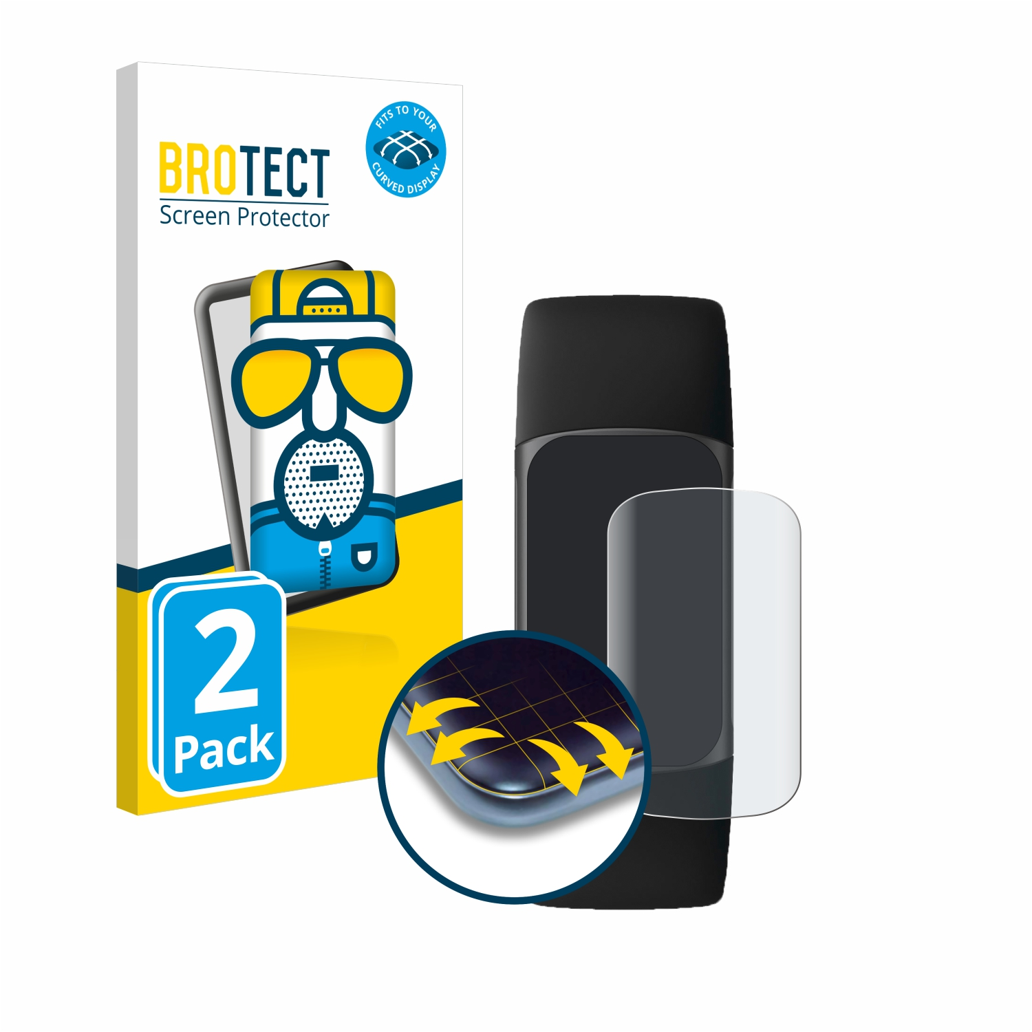 Ein Displayschutzfolien-Pack, ein Telefon und ein gebogener Displayschutz sind auf weißem Untergrund zu sehen.