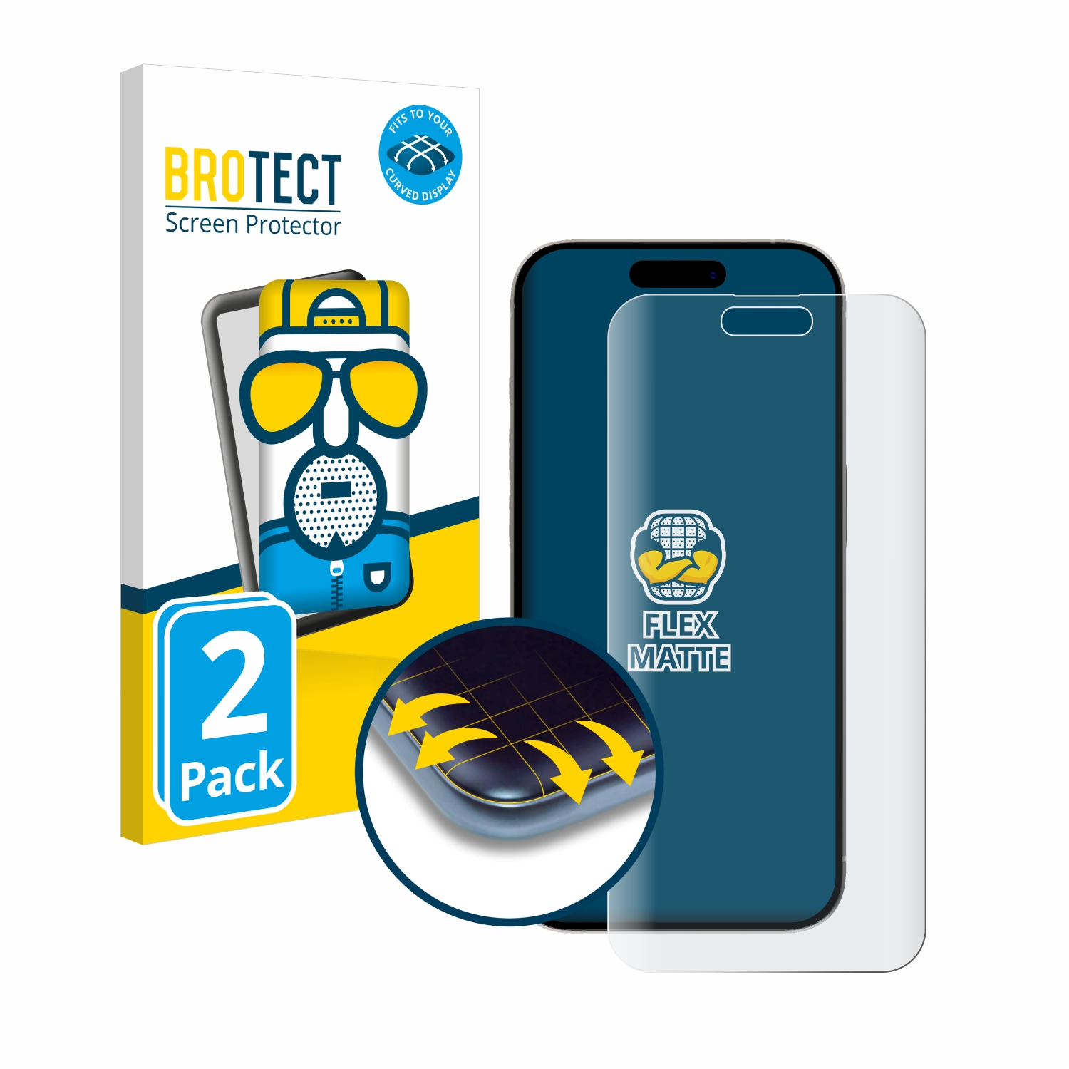 Displayschutzfolienbox und Telefon mit Schutzfolie und Nahaufnahme der Folie.