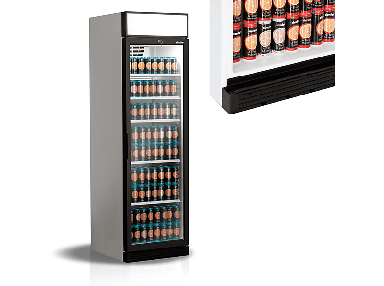 SIMFER Getränkekühlschrank Flaschenkühler, Glastür mit Schwarzem Alu-Rahmen Getränkekühlschrank (EEK E, Schwarz)