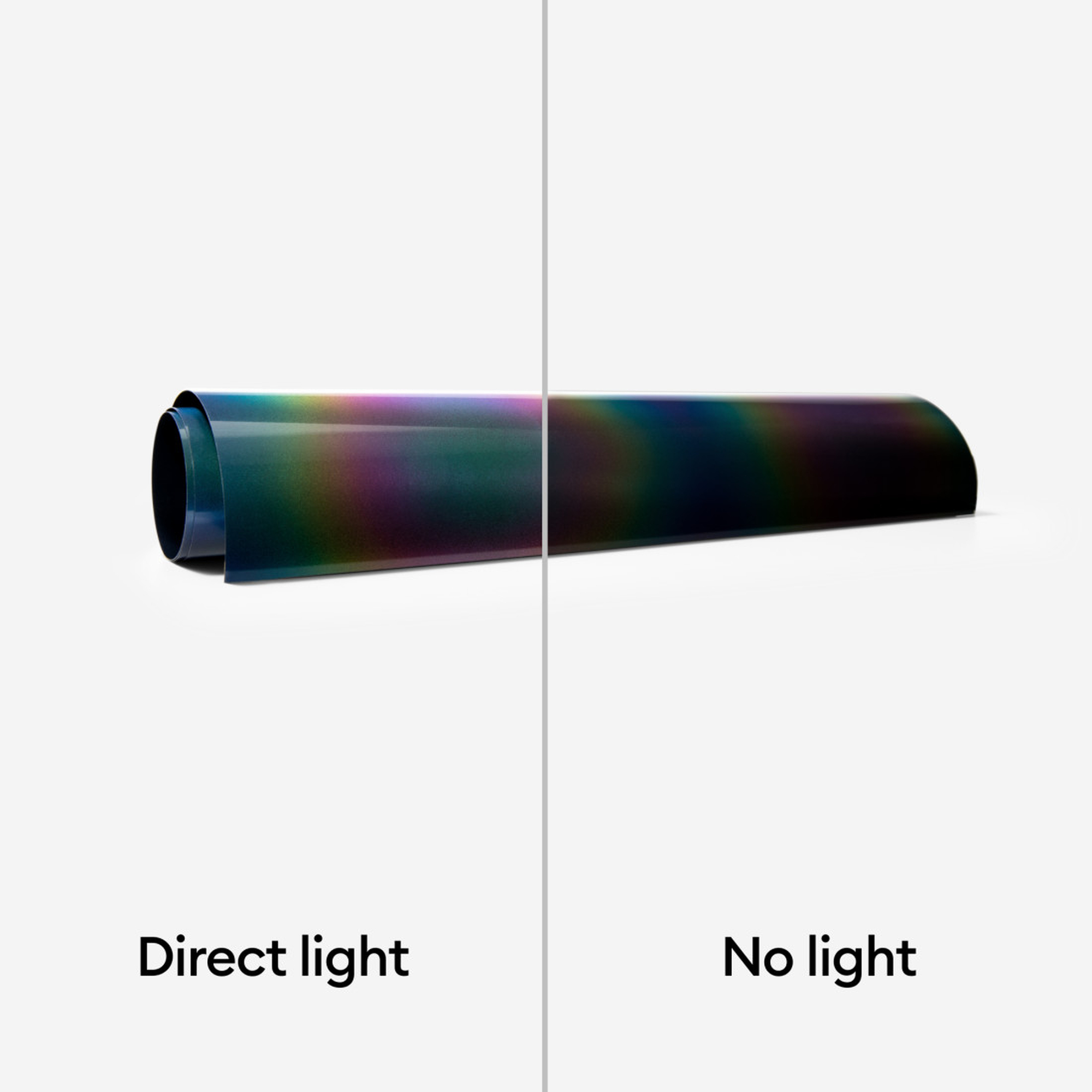 Eine Rolle irisierendes Material unter direktem Licht und ohne Licht, die Farbveränderung zeigend.
