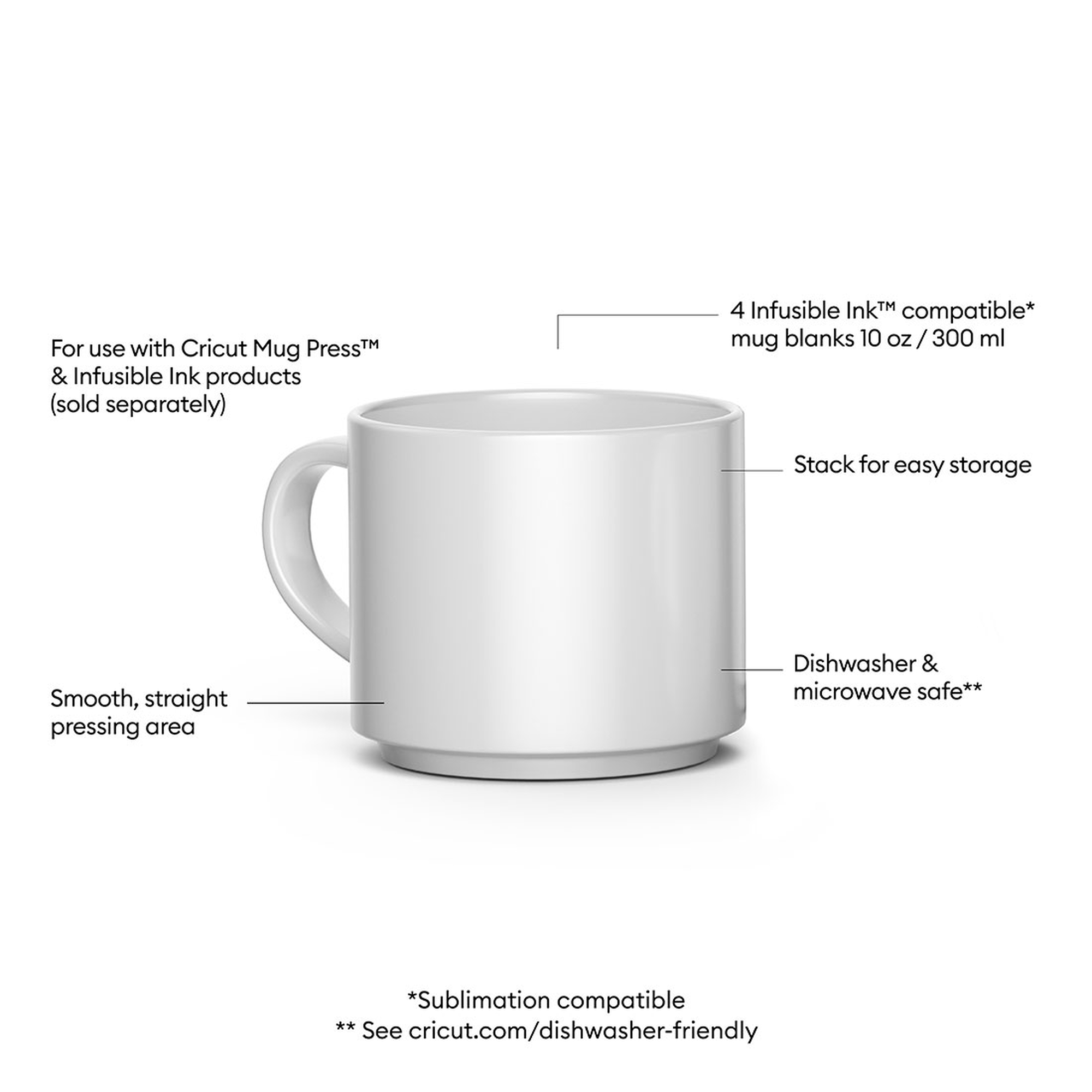 Eine weiße Tasse mit glatter, gerader Pressfläche. Sie ist mikrowellen- und spülmaschinenfest und sublimationsfähig.
