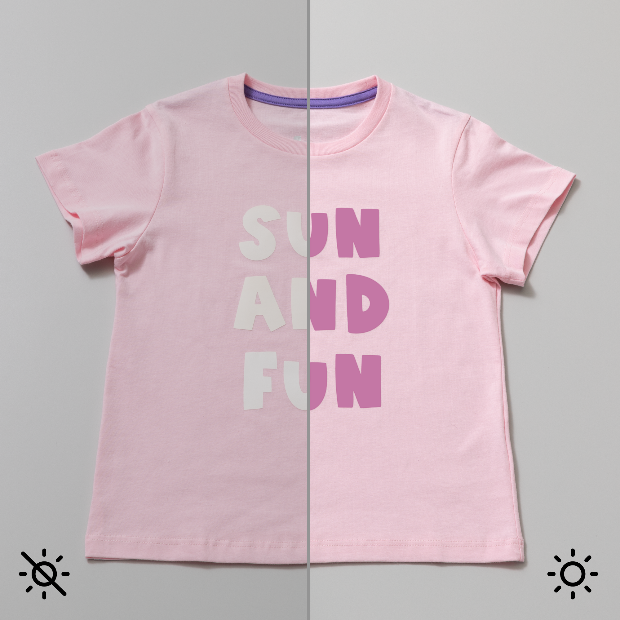 Rosa T-Shirt mit den Worten 'SUN AND FUN'. Die andere Hälfte im Schatten.