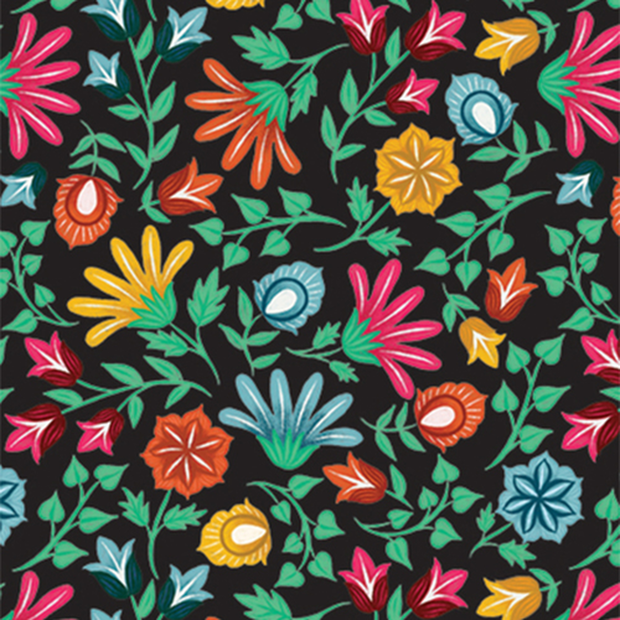 Buntes Blumenmuster auf schwarzem Hintergrund. Blumen sind pink, gelb, orange und blau mit grünen Blättern.