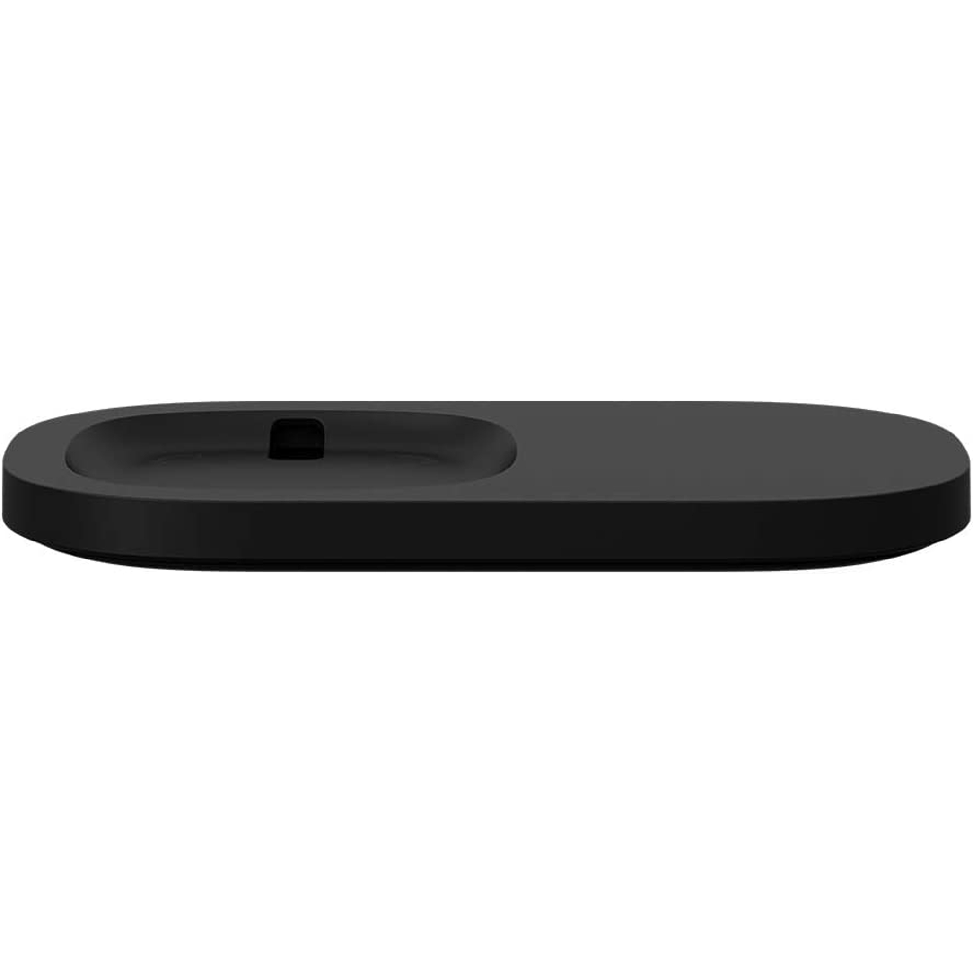Base de carga negra para electrónica, forma ovalada con un pequeño hueco.