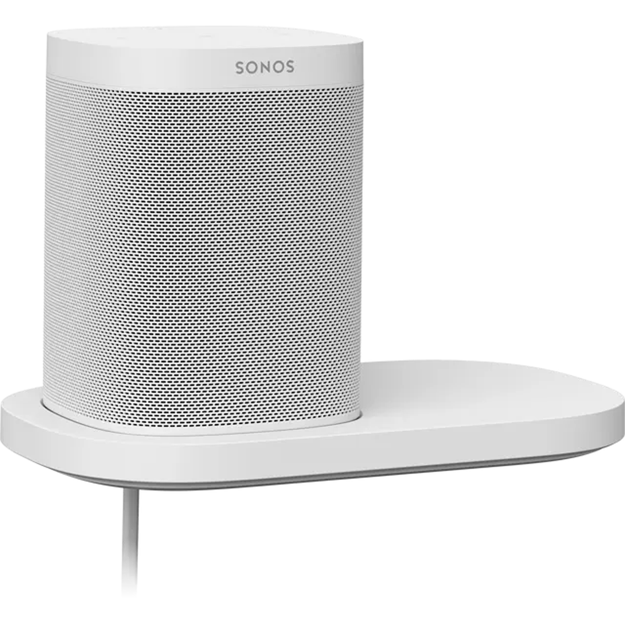 Altavoz Sonos blanco sobre una estantería blanca. El altavoz tiene forma cilíndrica y la estantería es rectangular.