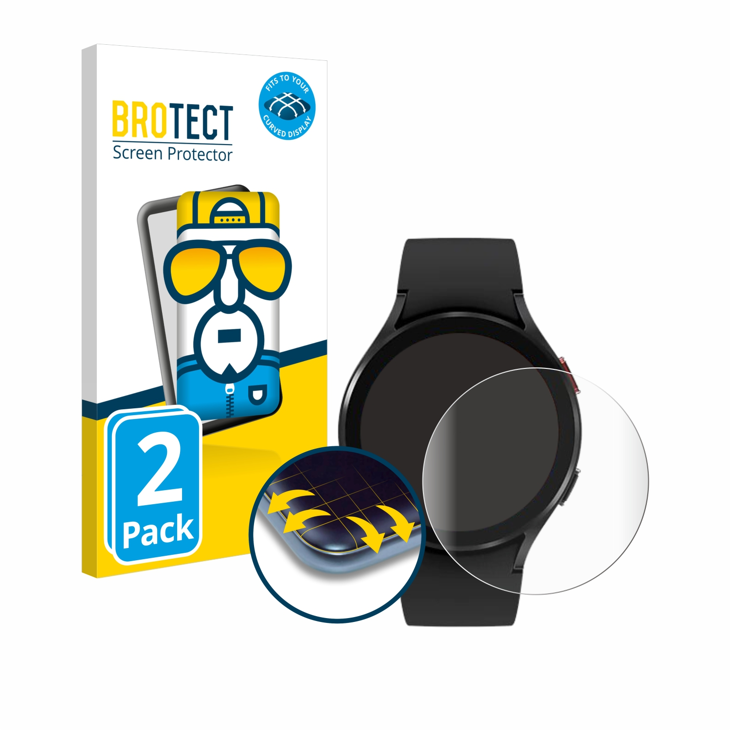 Ein Displayschutz-Pack und eine Smartwatch. Das Pack hat ein Cartoon-Bild und sagt '2er-Pack'. Ein Displayschutz ist über der Uhr platziert.