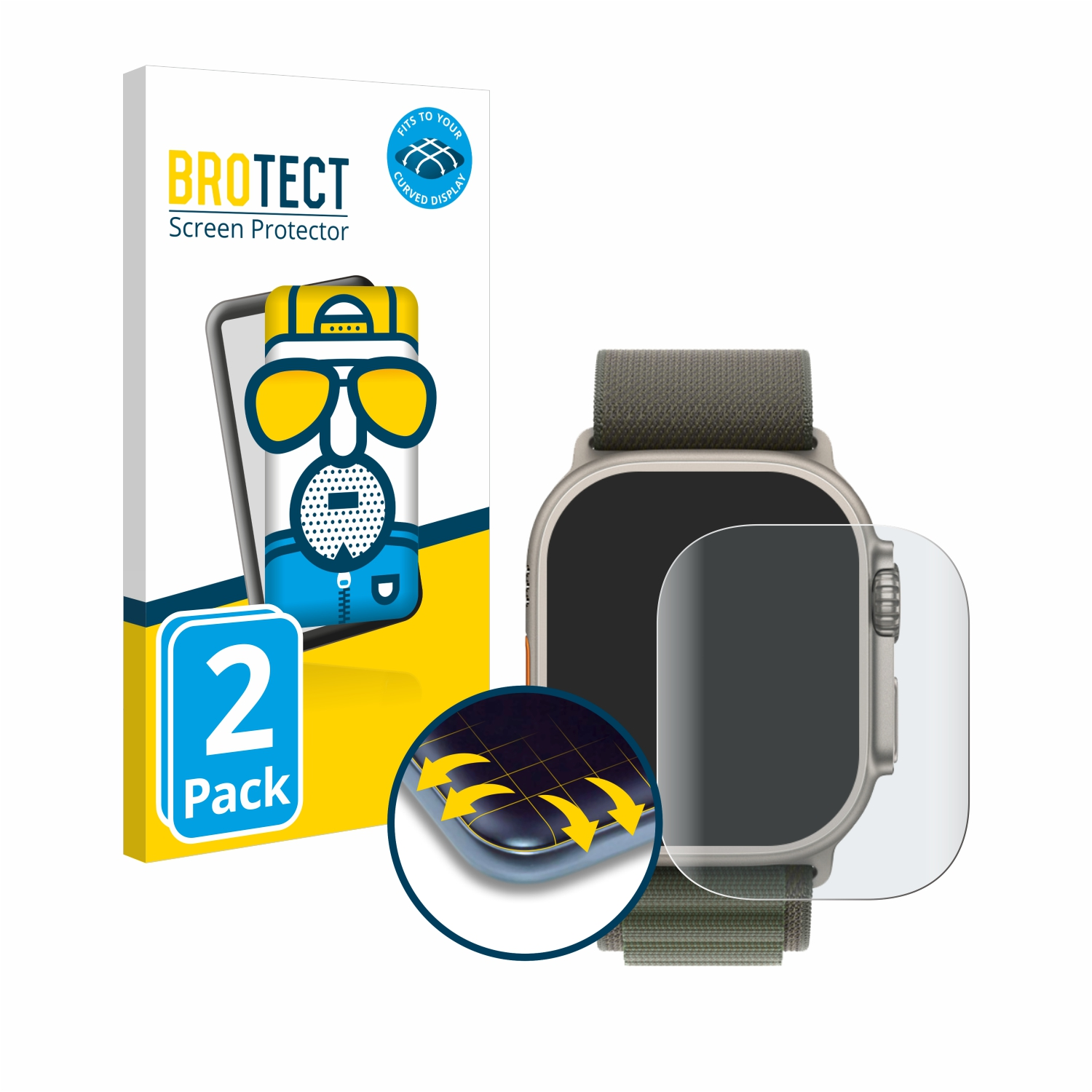 Smartwatch mit Displayschutzfolie und Box. Boxed Displayschutzfolie mit Telefongrafik.