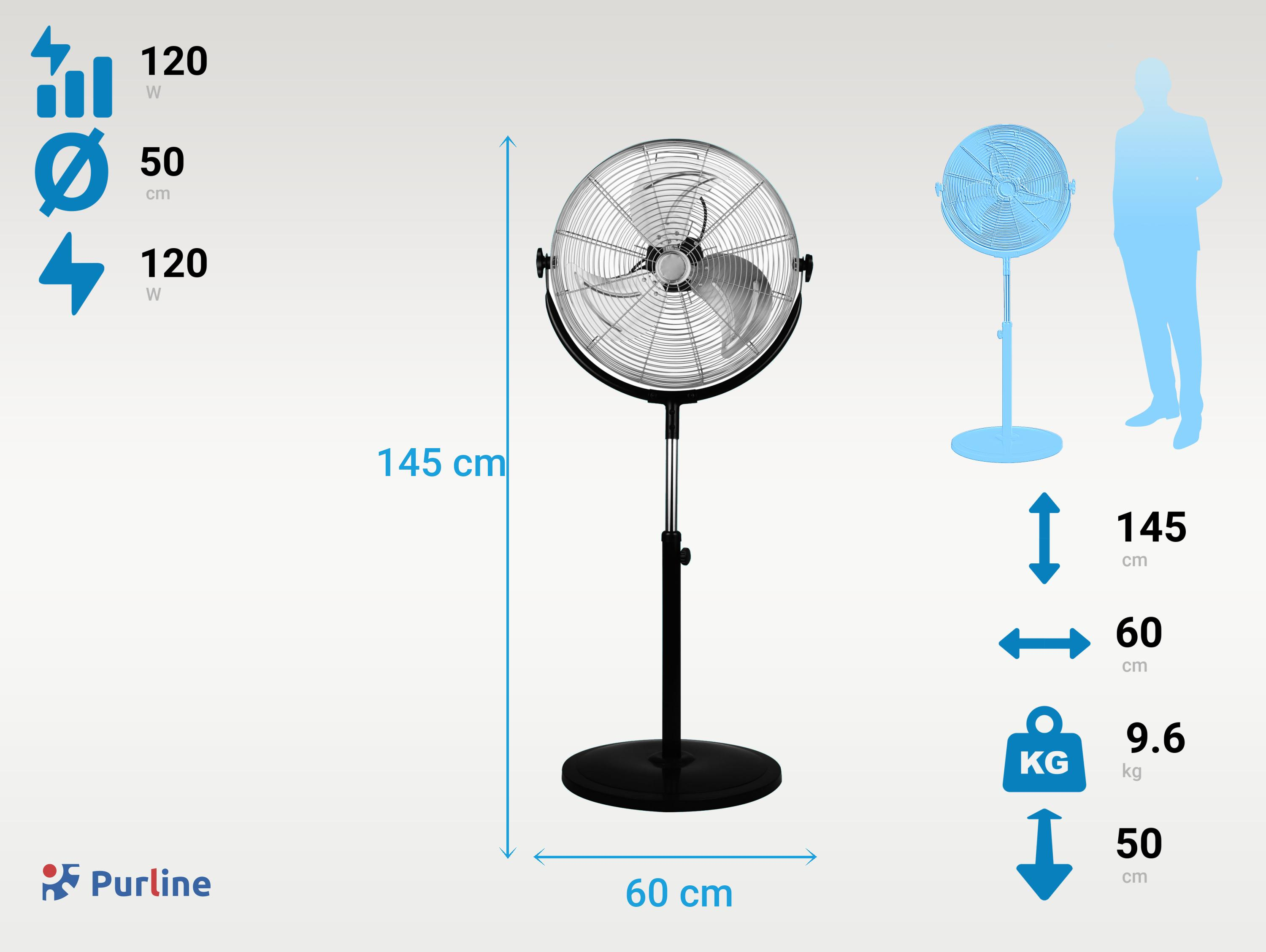 Industrieller PURLINE Watt) Silber Standventilator Höhe 120W, Steppventilator, verstellbare (120
