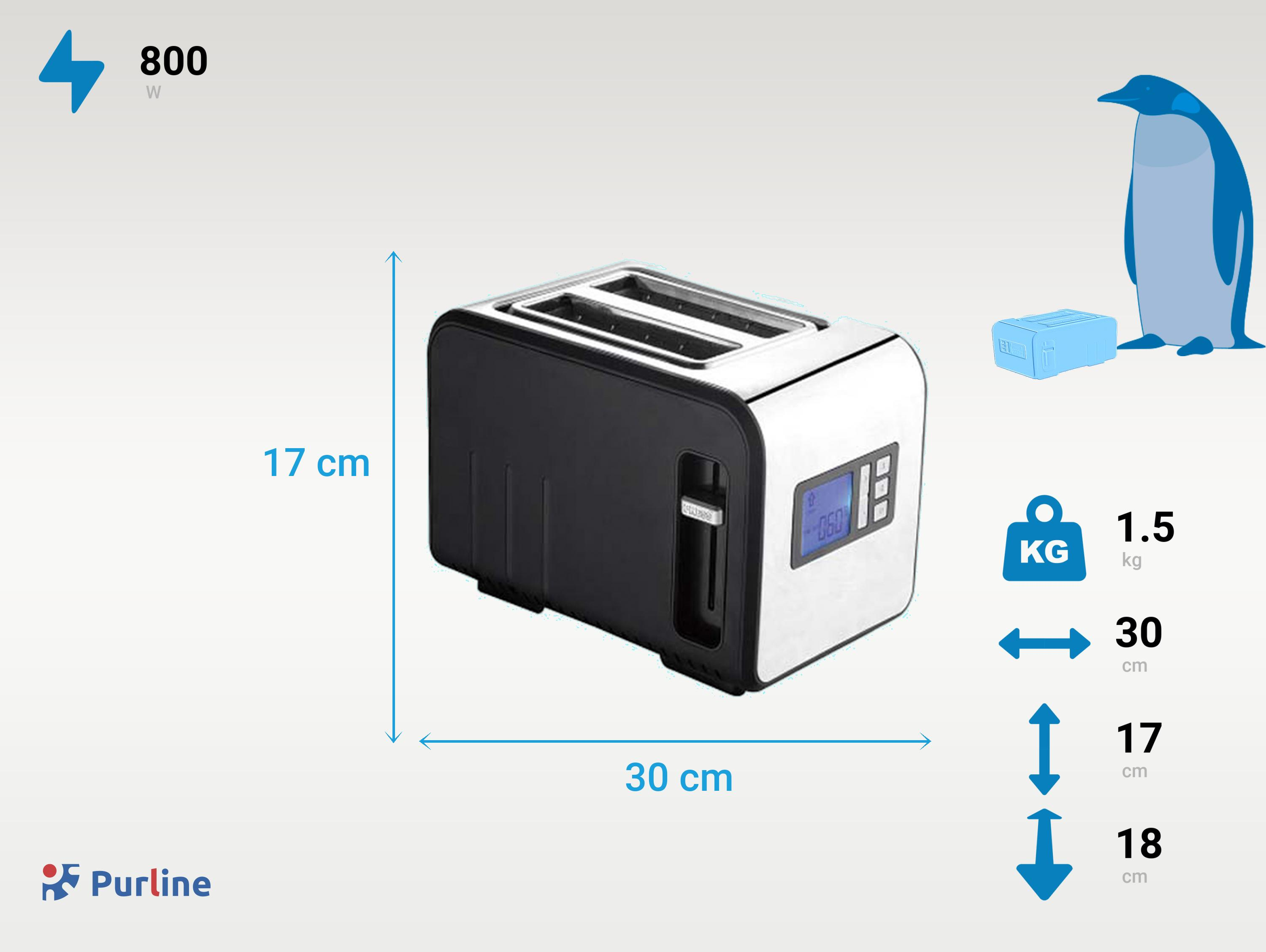 PURLINE Edelstahltoaster mit Watt, breiten und (800 2 Toaster Schwarz 2) Schlitze: Schlitzen 800W Digitalanzeige