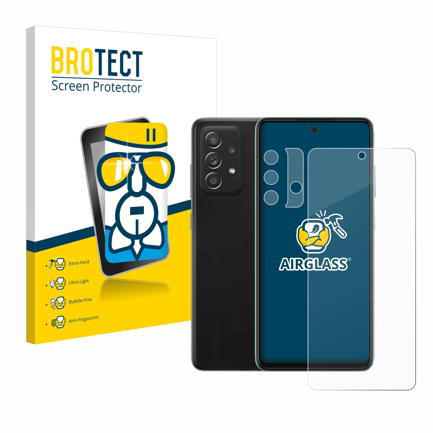 Ein Telefon, eine Displayschutzfolie und eine Schachtel. Das Telefon ist schwarz, der Schutz ist klar. Die Box hat einen Cartoon.