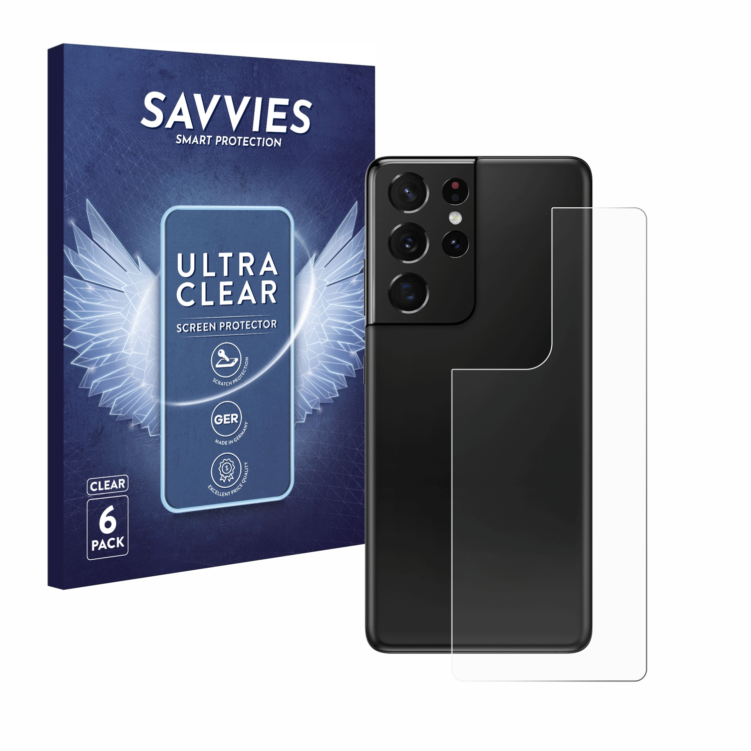 Schwarzes Smartphone mit Displayschutz und einer Box.
