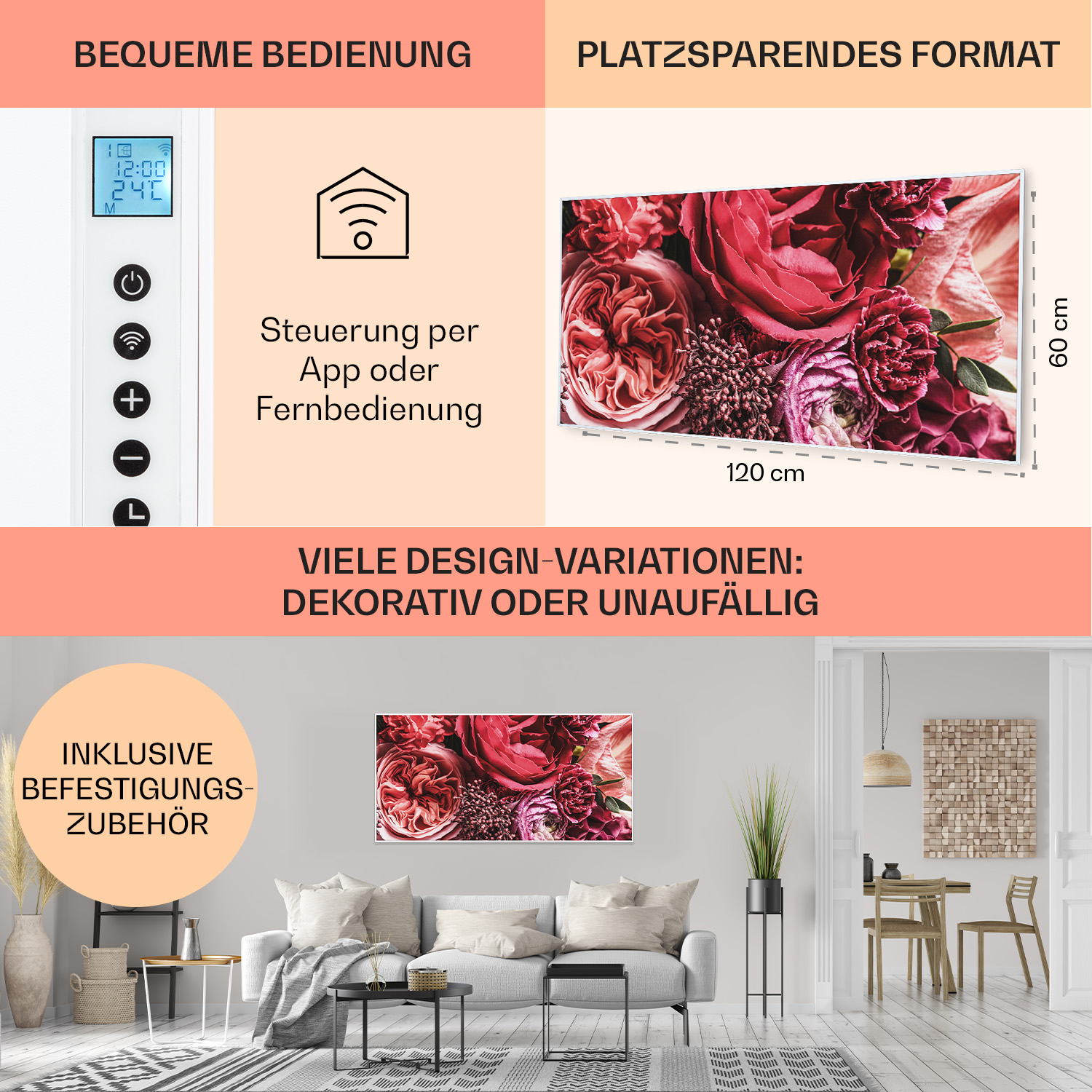 Un soggiorno con un dipinto floreale, un divano e oggetti decorativi. Testo: controllo tramite app o telecomando.