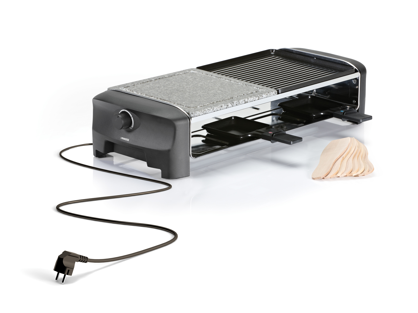 Czarny grill do raclette z kamieniem, płytą do grillowania, tacami na ser i wtyczką.