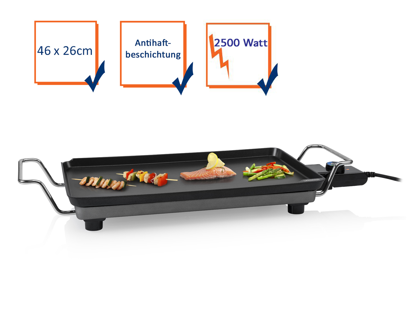 Parrilla eléctrica negra con comida, se proporcionan varias dimensiones y atributos en la imagen.