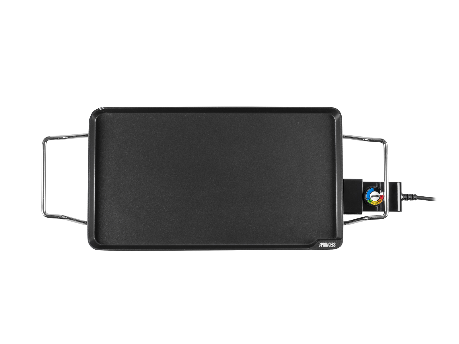 Draufsicht auf eine schwarze elektrische Grillplatte mit silbernen Griffen. Sie steht auf einer weißen Oberfläche.