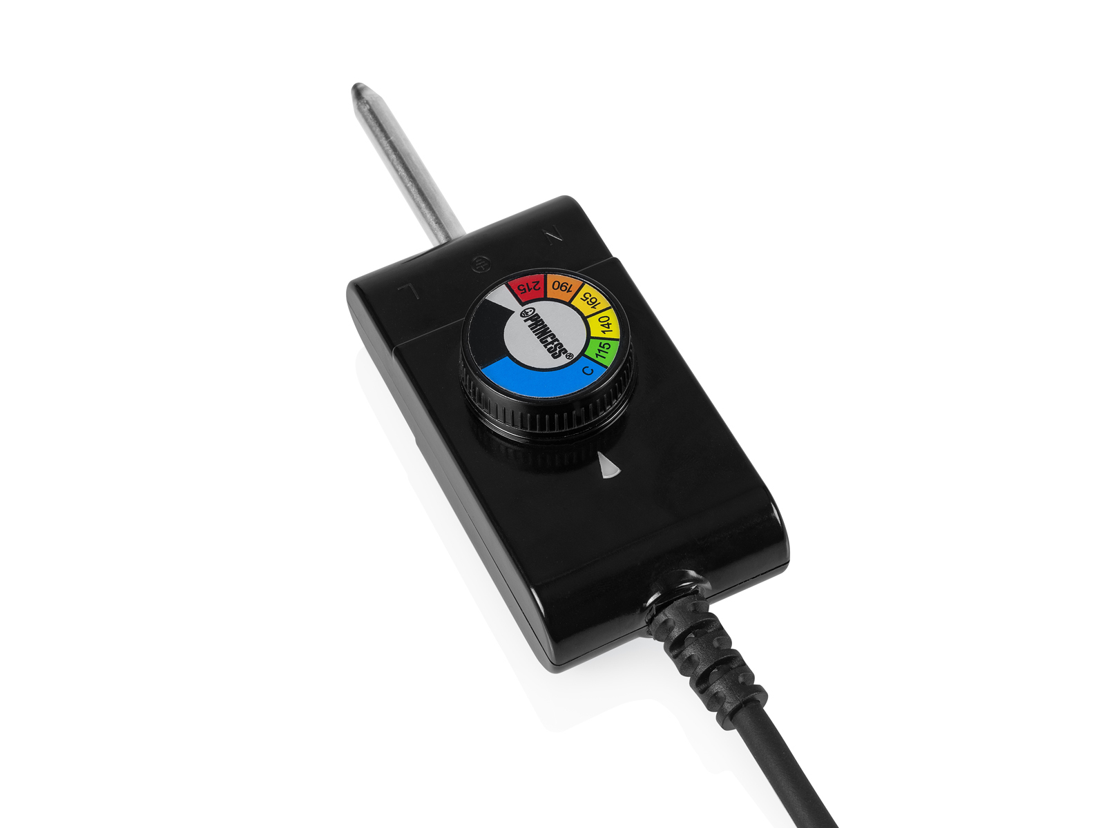 Schwarze Temperaturregelung mit Einstellrad, mit Kabel, auf weißem Hintergrund.