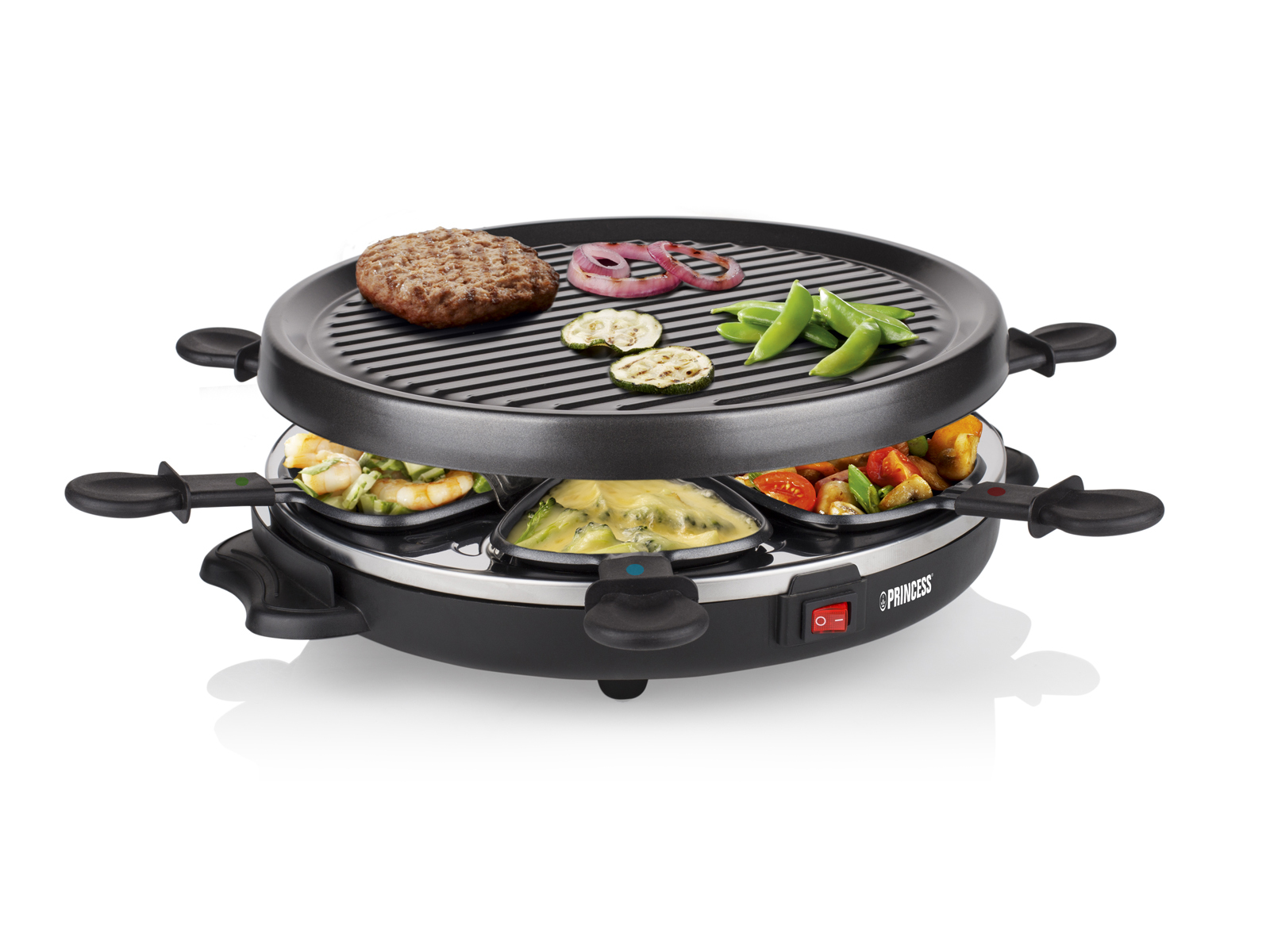 Raclette-Grill mit Käse, Gemüse und einem Burger auf der oberen Grillplatte.