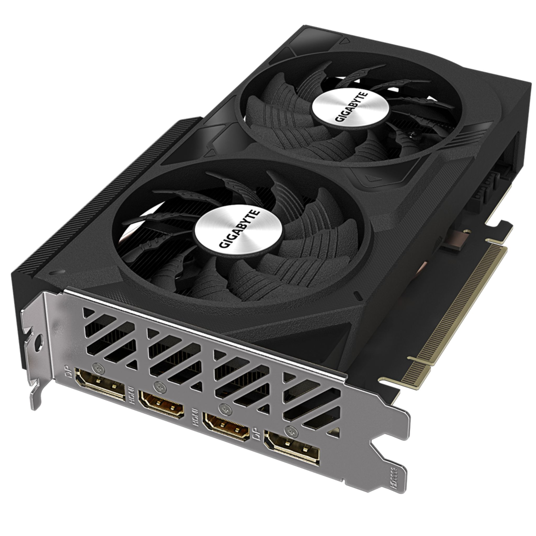 Scheda grafica Gigabyte nera con due ventole su sfondo bianco.