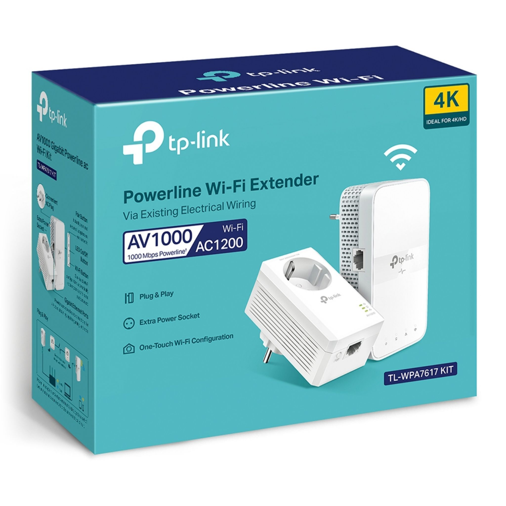 Een turquoise doos met een witte wifi-extender en verpakkingsdetails, en een stekker.