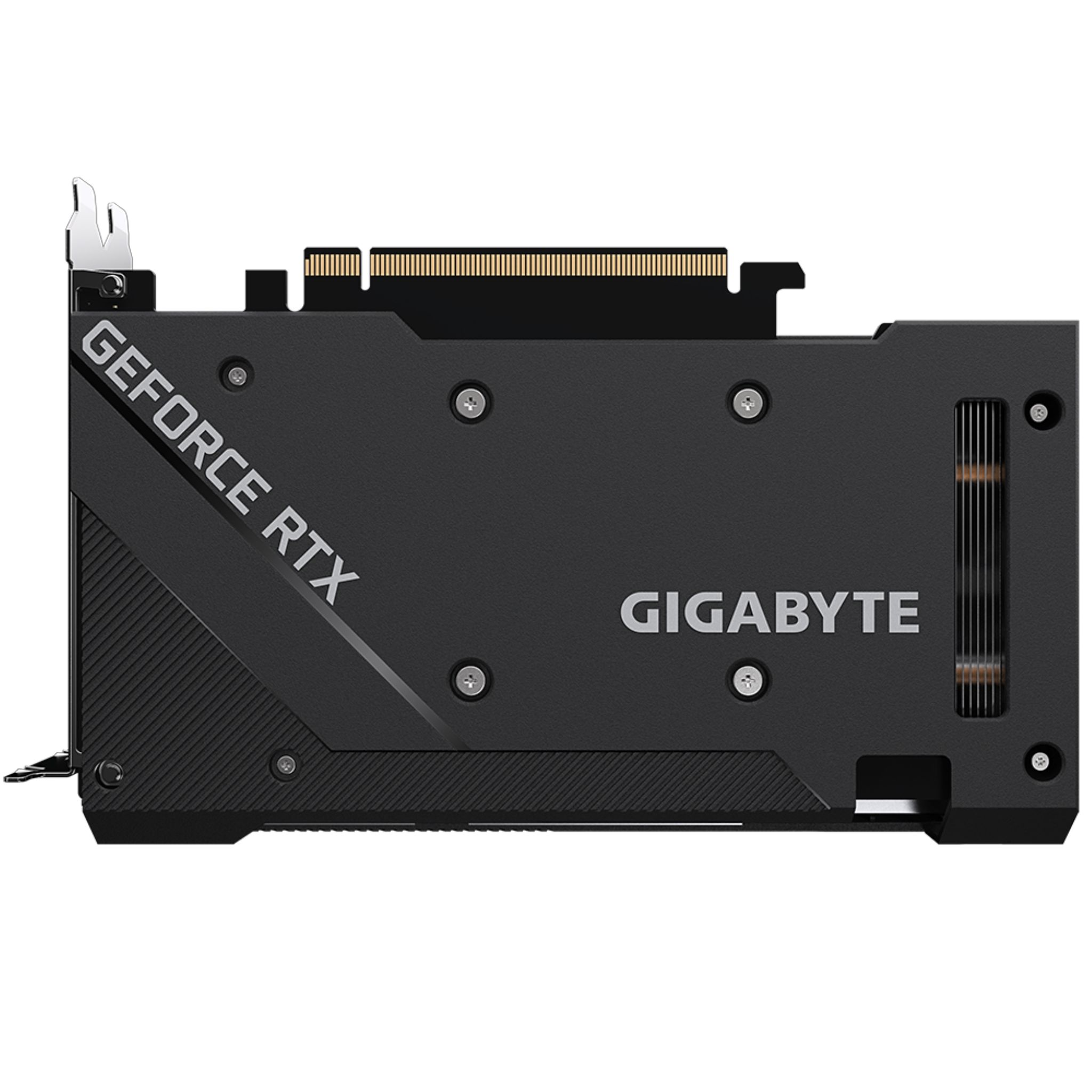 Schwarze Grafikkarte. "GEFORCE RTX" und "GIGABYTE" sind aufgedruckt. Sie hat einen schwarzen Hintergrund.