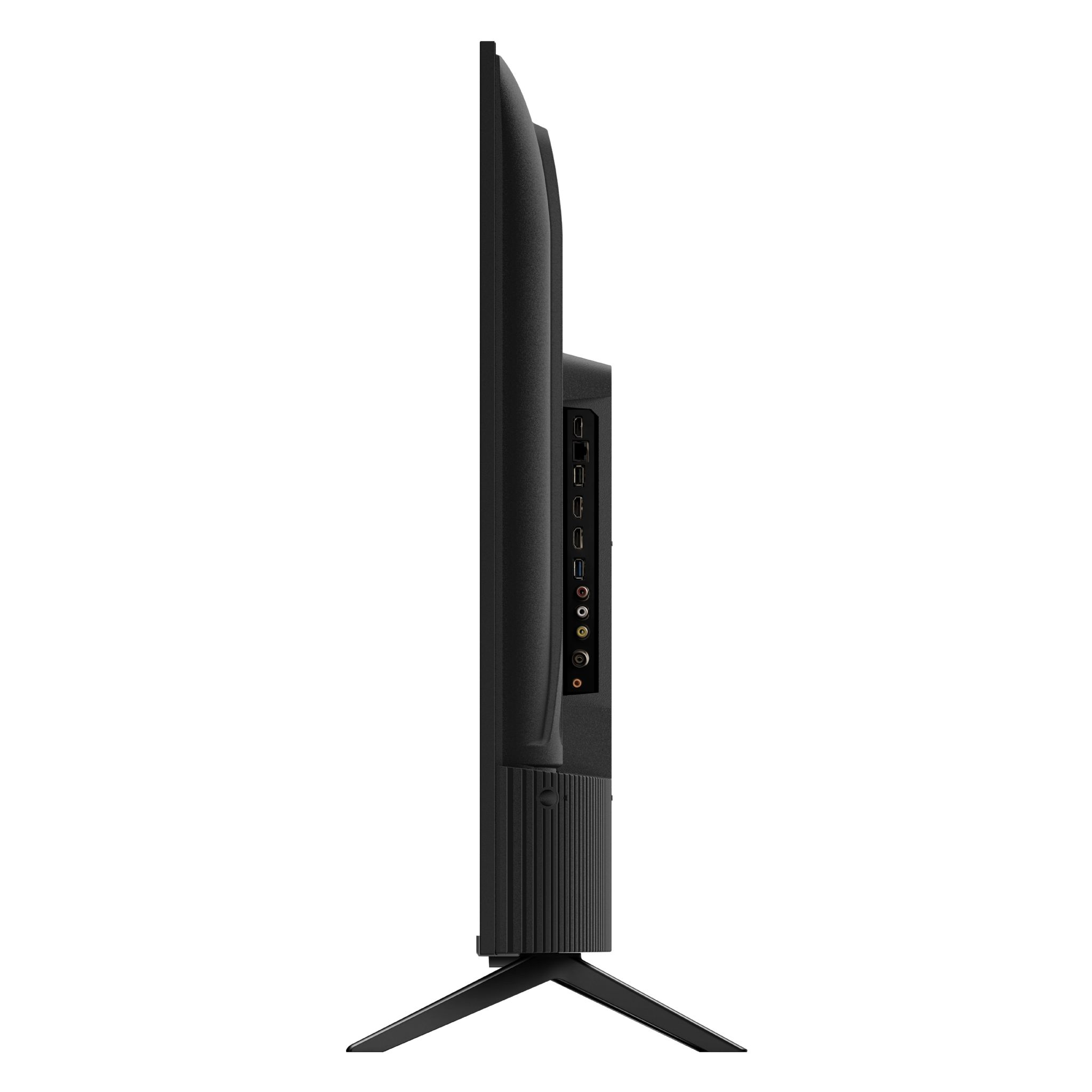 Un televisor negro de pie. El lateral muestra puertos y un soporte.