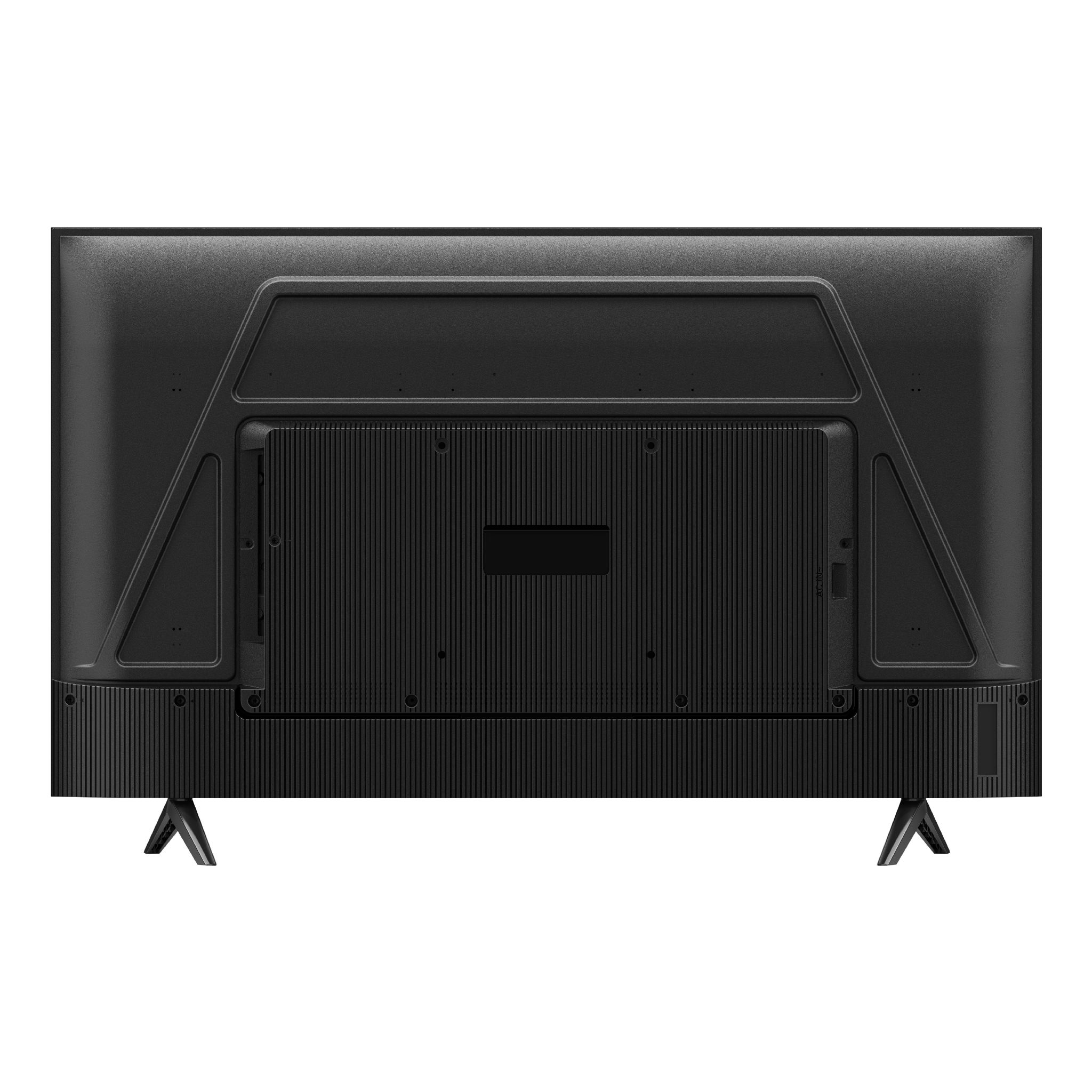 Vista trasera de un televisor negro con dos patas sobre un fondo blanco.