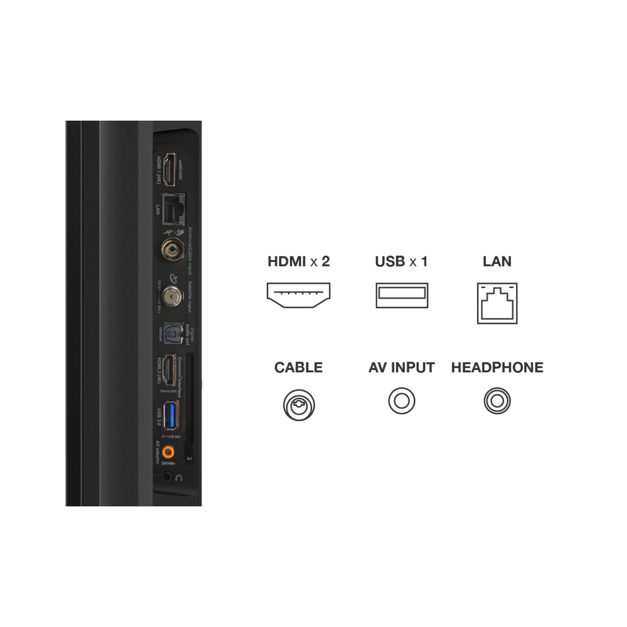 La parte trasera de un televisor negro con varios puertos de entrada etiquetados como HDMI, USB, LAN, etc.