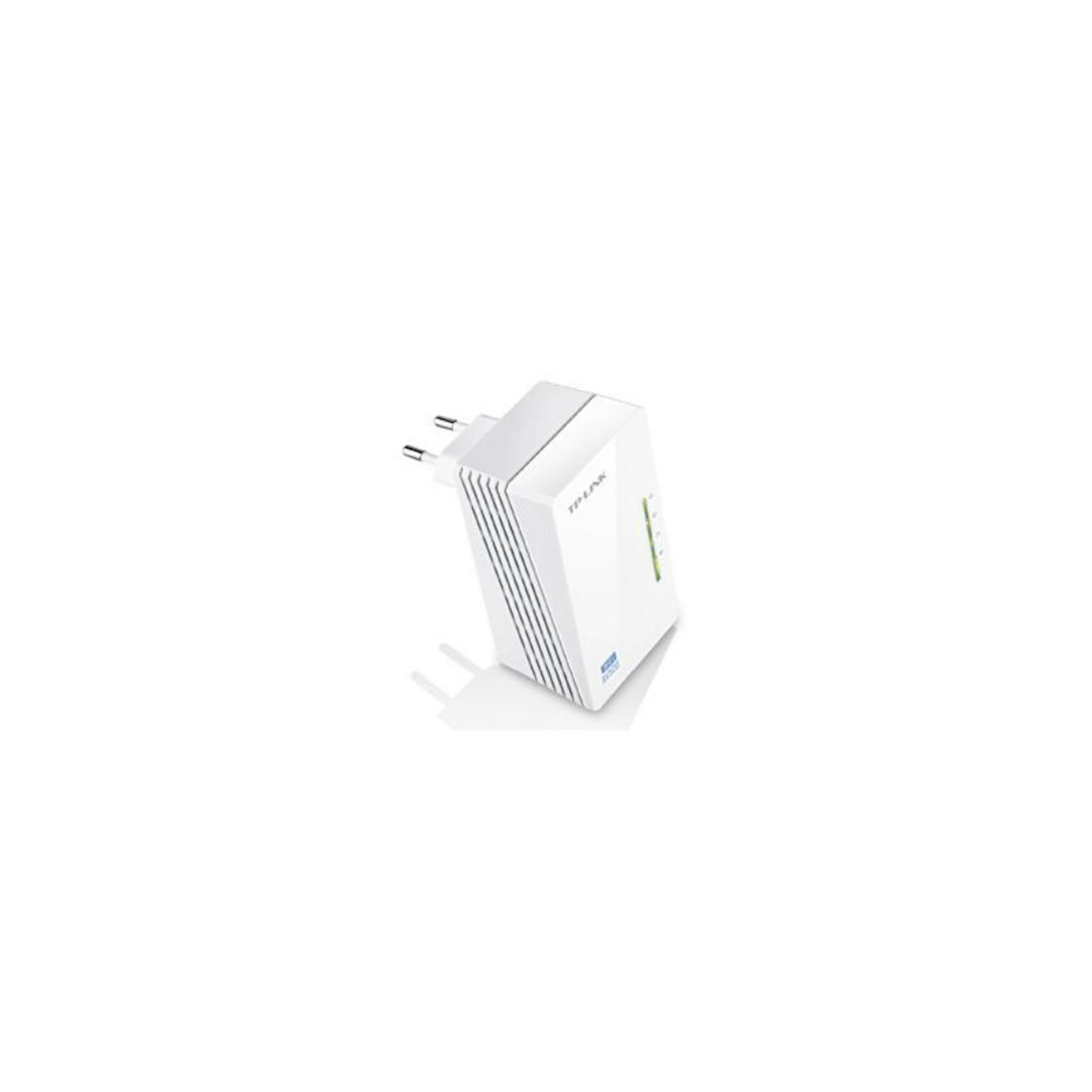 Adaptador de corriente TP-Link blanco con dos clavijas. Está sobre un fondo blanco.