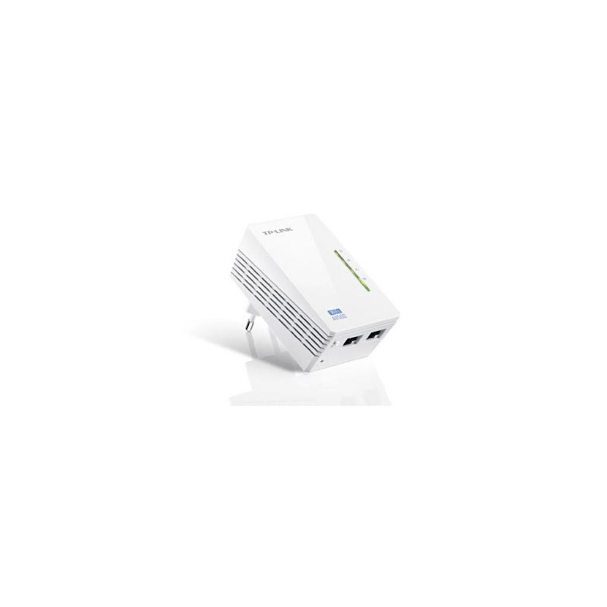 Extensor WiFi TP-Link blanco, en ángulo sobre una superficie blanca.