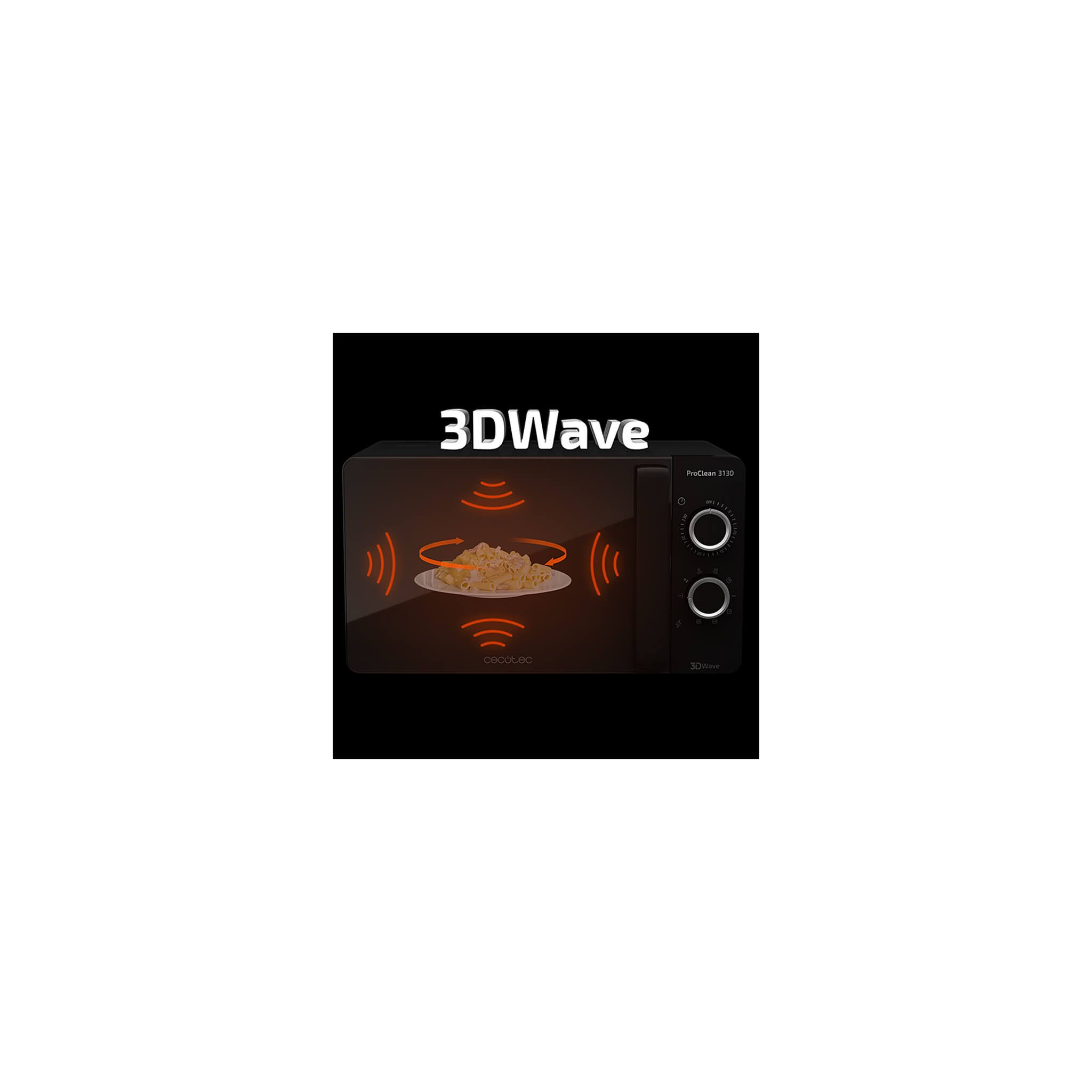 Microonde nero con tecnologia 3DWave. Un piatto di cibo è all'interno, con simboli di onde.