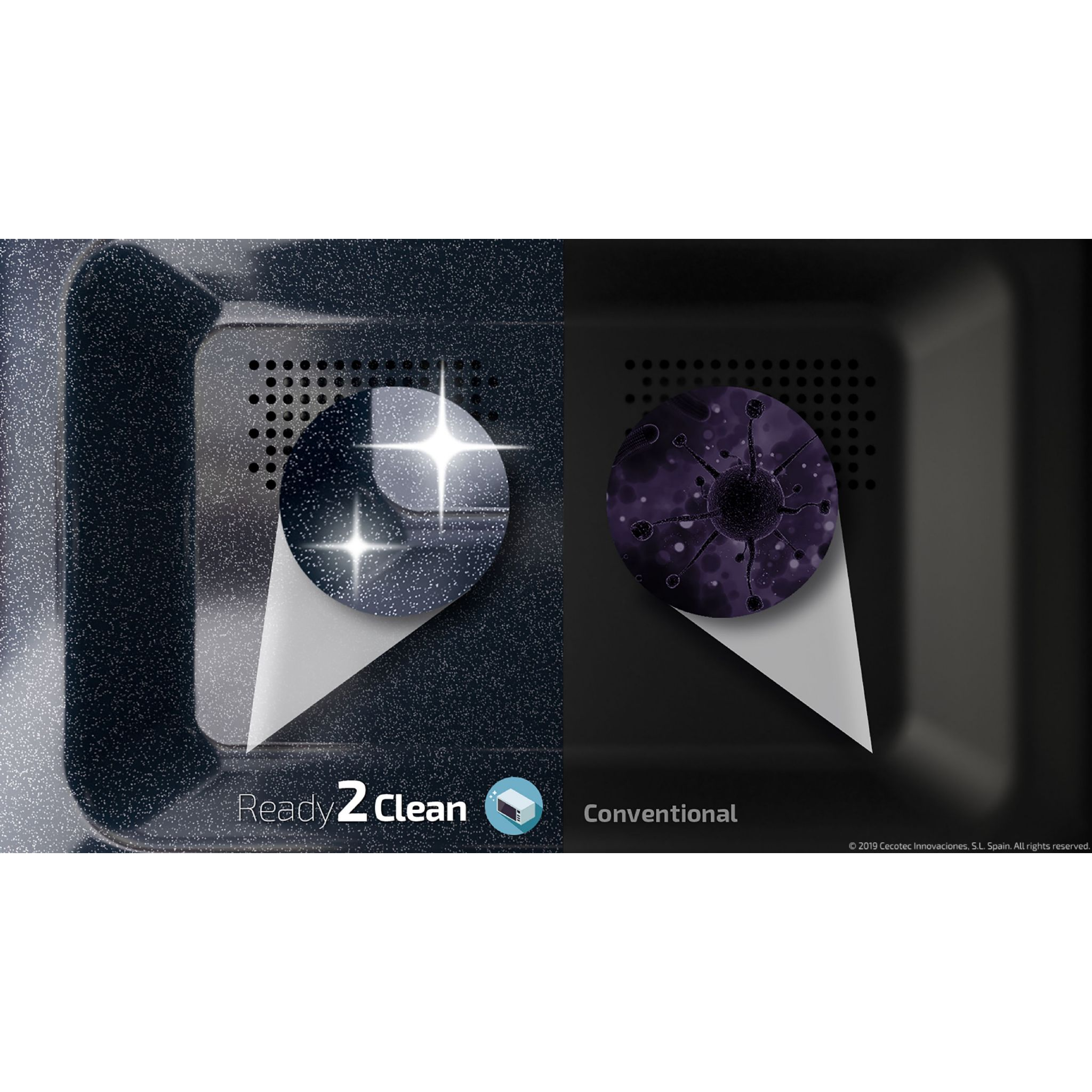 Zbliżenie wnętrza kuchenki mikrofalowej, pokazujące czystą i brudną powierzchnię.