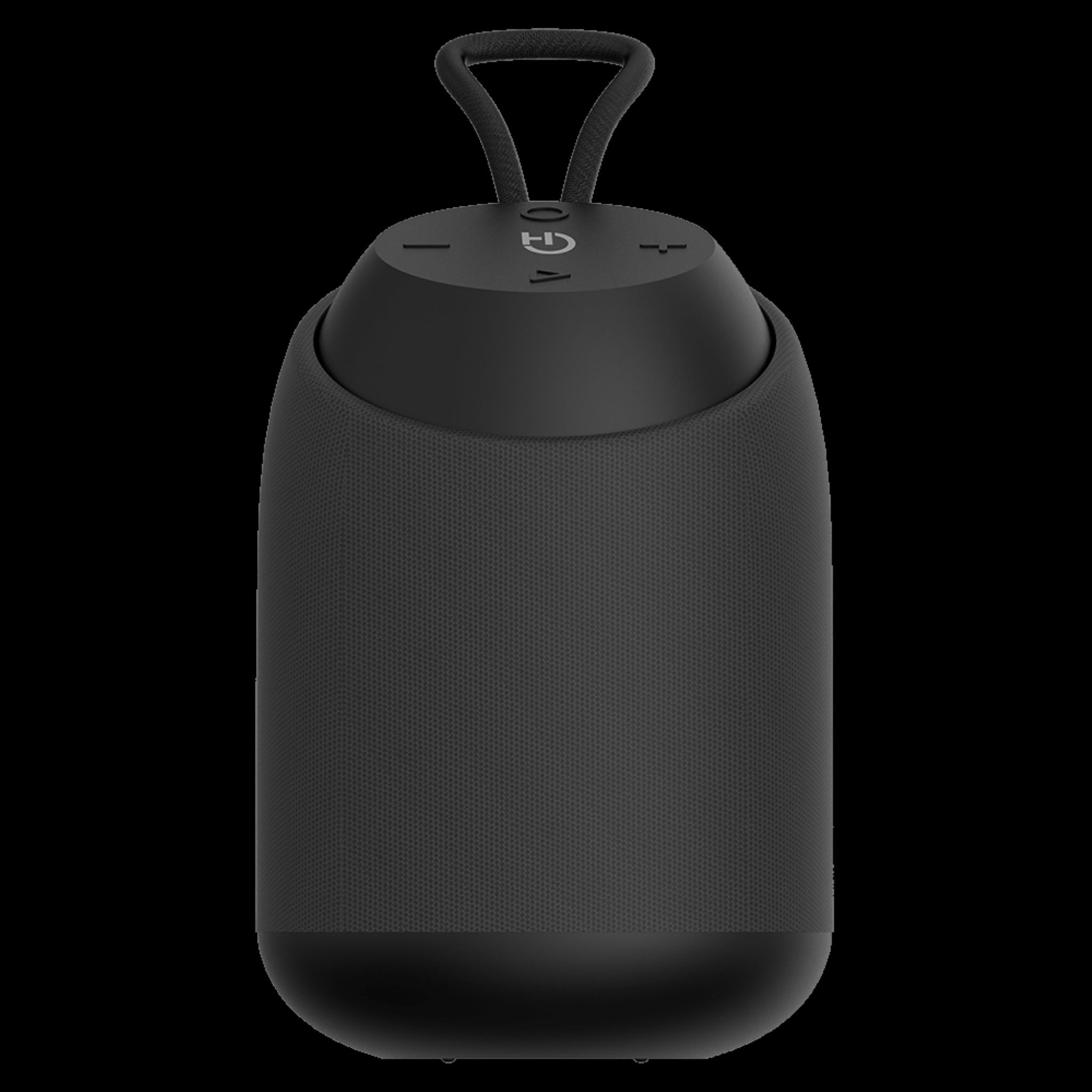 Czarny głośnik przenośny z uchwytem, na czarnym tle.