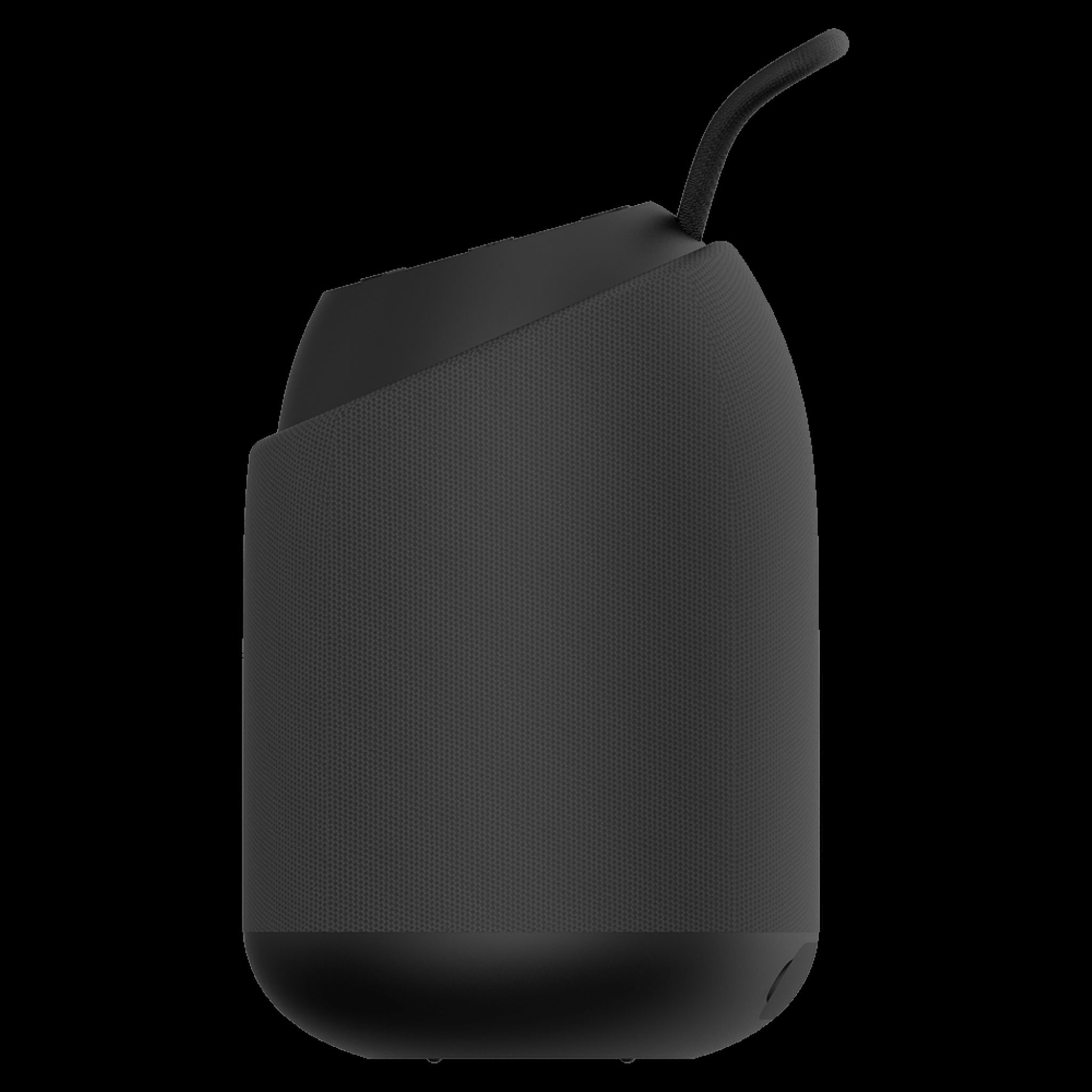 Czarny głośnik z pętlą. Ma teksturowaną powierzchnię i jest na czarnym tle.