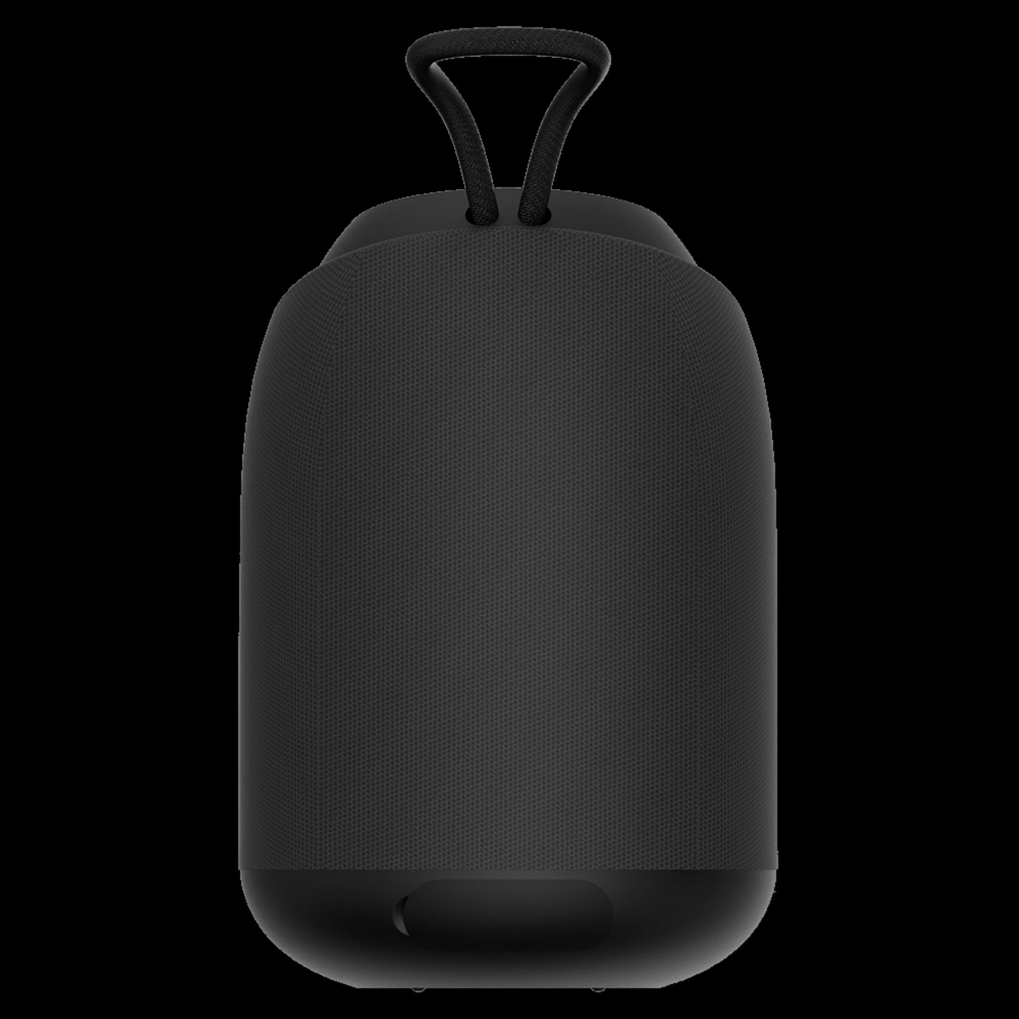 Czarny głośnik w kształcie owalu z uchwytem. Ma teksturowaną powierzchnię.